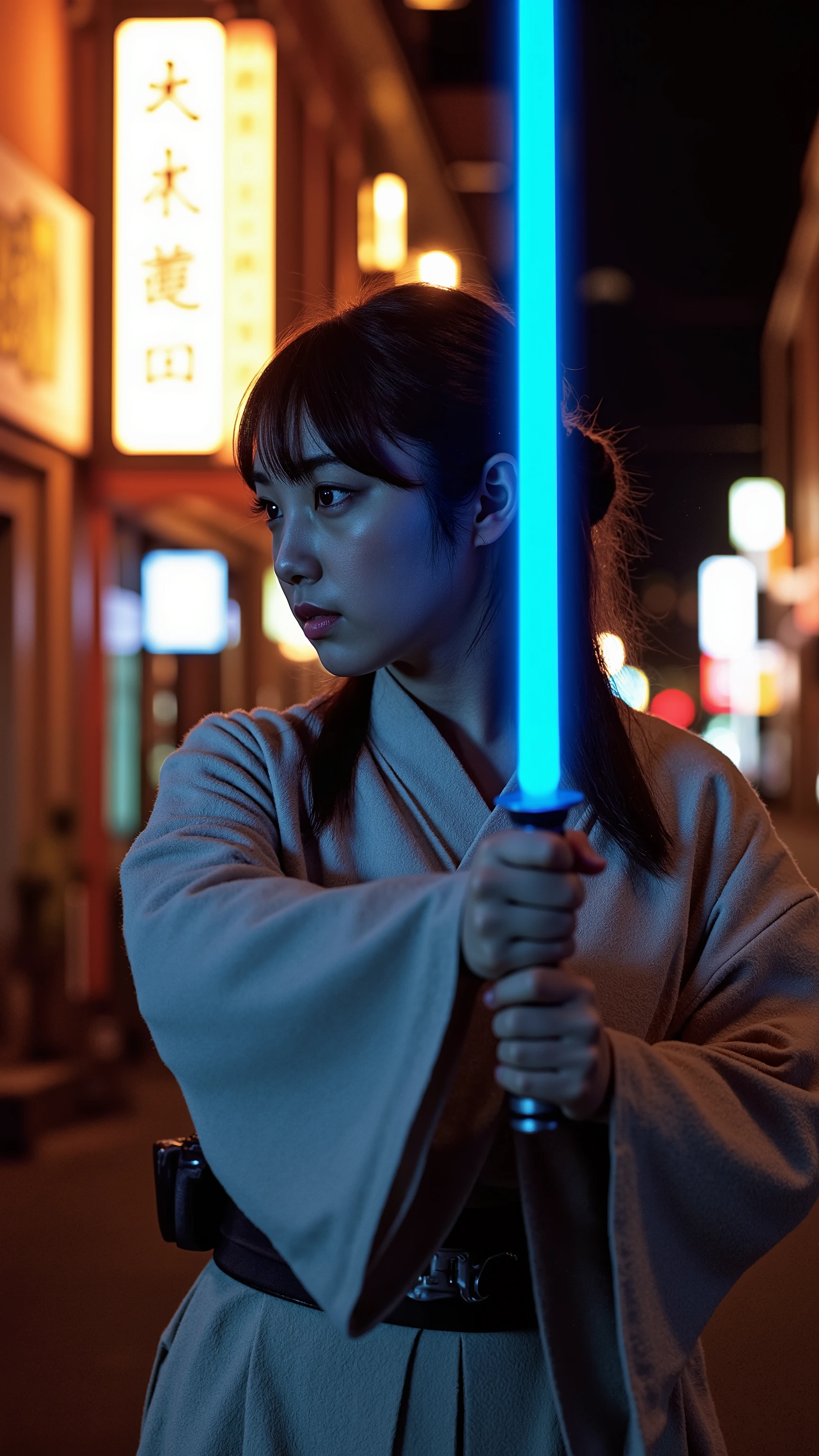 A high resolution photograph of a Japanese young woman in jedioutfit standing with blue light saber, profile, face focus, close-up, photo-realistic, realistic, masterpiece, best quality, cinematic lighting, Intricate details, outdoors, alley, outside bar with "YODA Land" neon sign, at night, (Master Yoda in background), Star Wars saga,