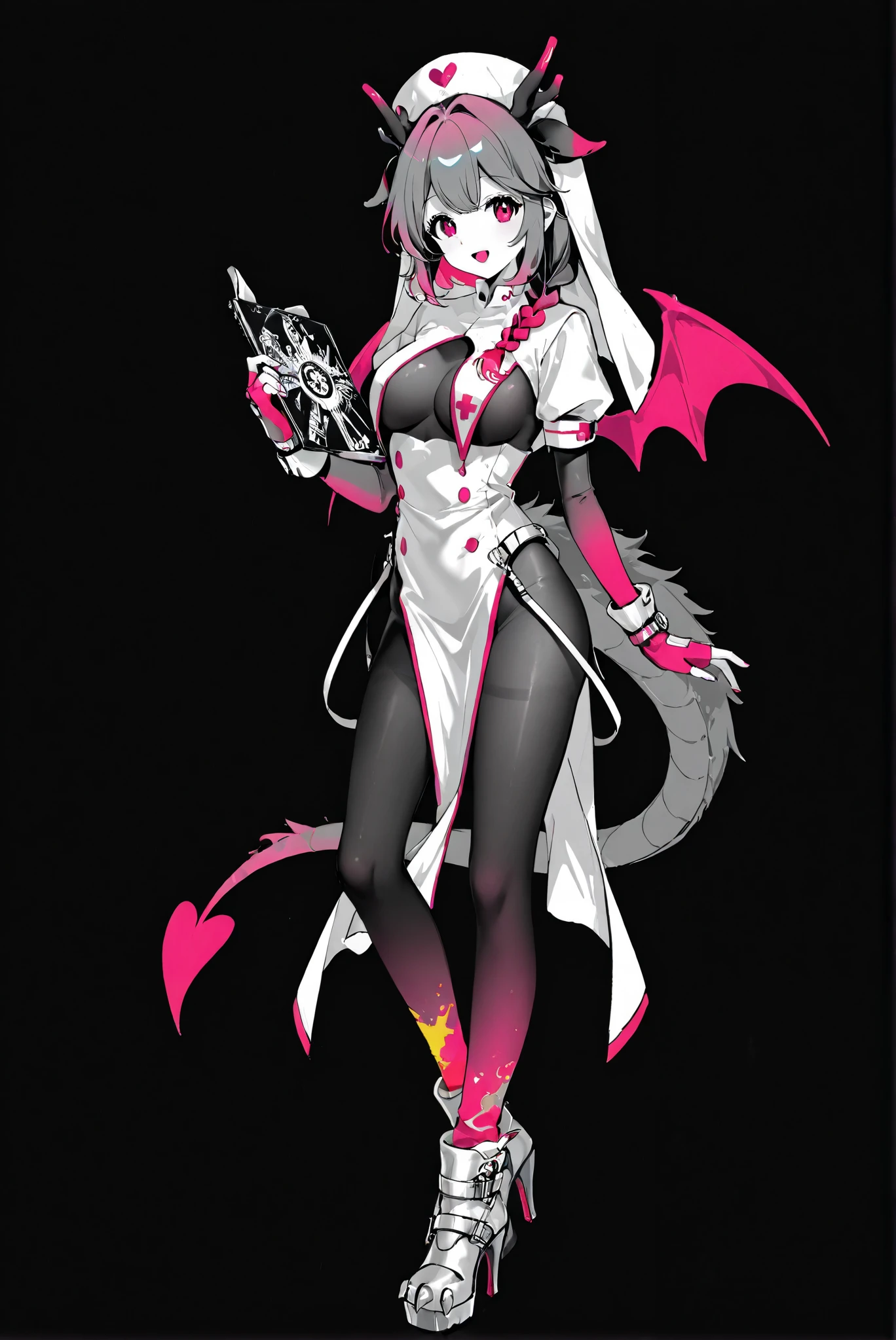 ，（ stands，whole body， high heels:1.7)，HoleHeels，oval/Circle/Thorn/Horn Heels，ruanyi0847,bodysuit,breast curtains,dress,nun,pantyhose,pelvic curtain , Limited Color Palette, Black Background ,Colorful, vivid colors ,Flashing silhouette ,neon,black light ,watch,  Masterpiece,  very beautiful ,, ,nurse cap, Dragon Maid Nurse , Pink Wings , Nurse Uniform , Pink Fingerless Gloves, Paw Boots , 1girl , Alone ,open mouth,Scrapbook ,Hold Scrapbook ,whole body,watch,Smile, White Jumpsuit ,Hold,