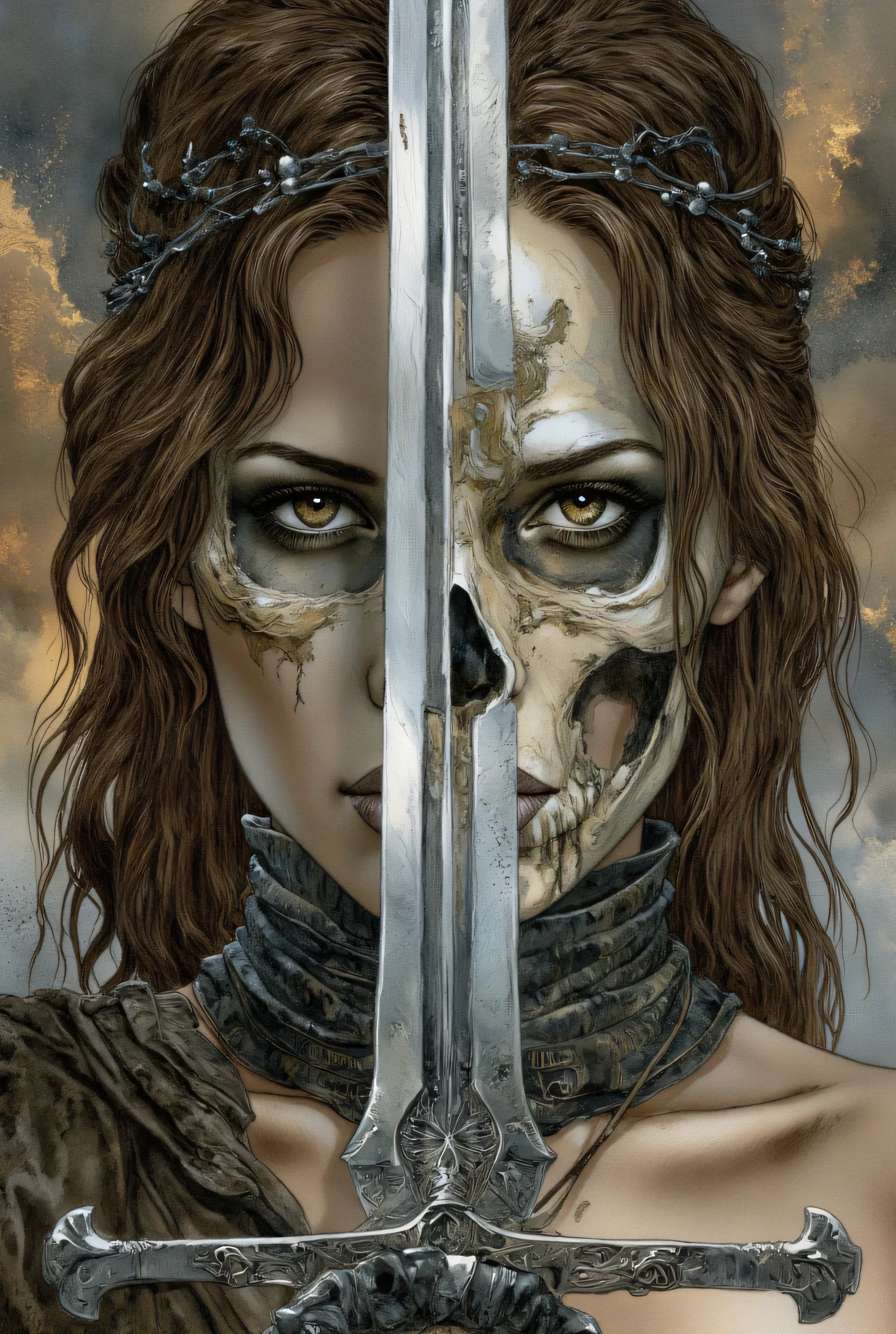 Create a close up image of a female warrior.  The warrior holding a sword right up to her face covering up her nose and mouth.  The silver metallic sword reflecting a skull face. The female has honey brown eyes and soft features, hint of armor at bottom. Dark, muted tones with sharp contrasts enhance the dramatic effect. Immagine in stile Luis Royo 