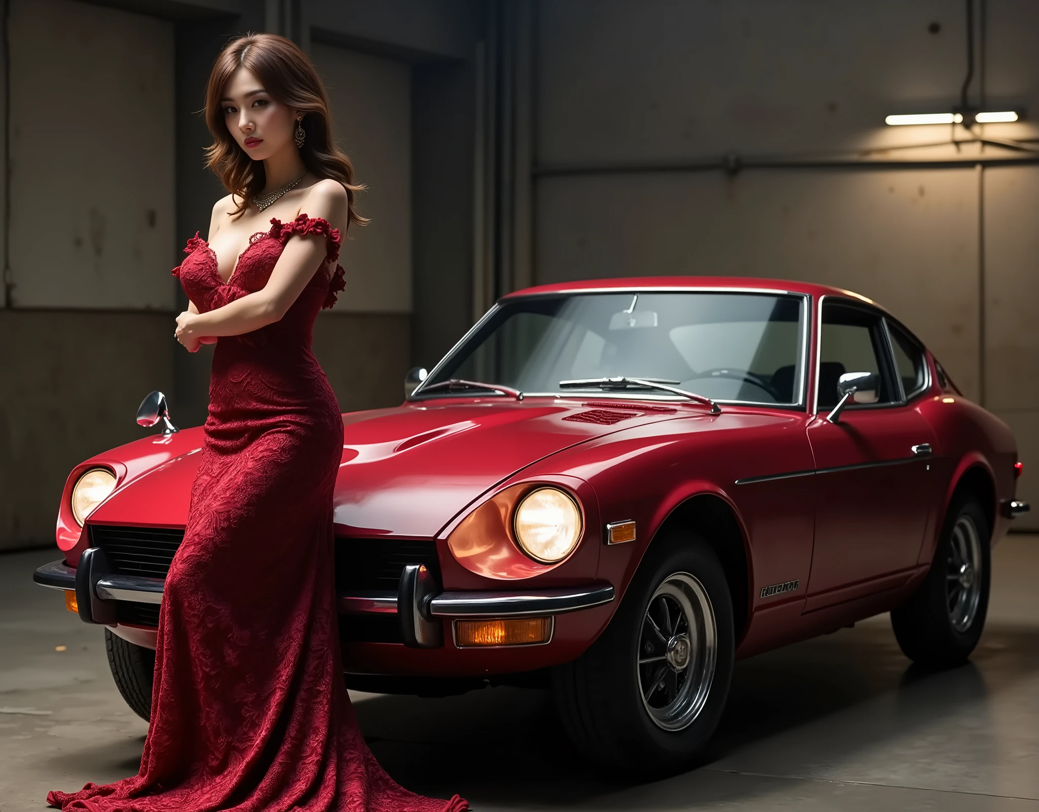 Lady wearing a crimson Fairlady Z : S30 and a lace dress