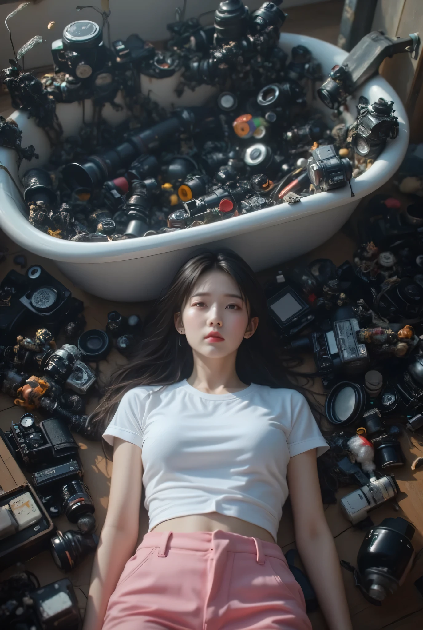 documentary photo, realistic, dramatic scene, very beautiful Japanese high school girl, famous beautiful Japanese idol, cute woman, (extremely large breasts), slim waist, (beautiful with cute but cool boyish face:1.2), she is wearing white t-shirt, pink pants, she is lying on a huge number of used cameras and lenses, there are a huge number of used cameras are cluttered in the large bathtub, soft light