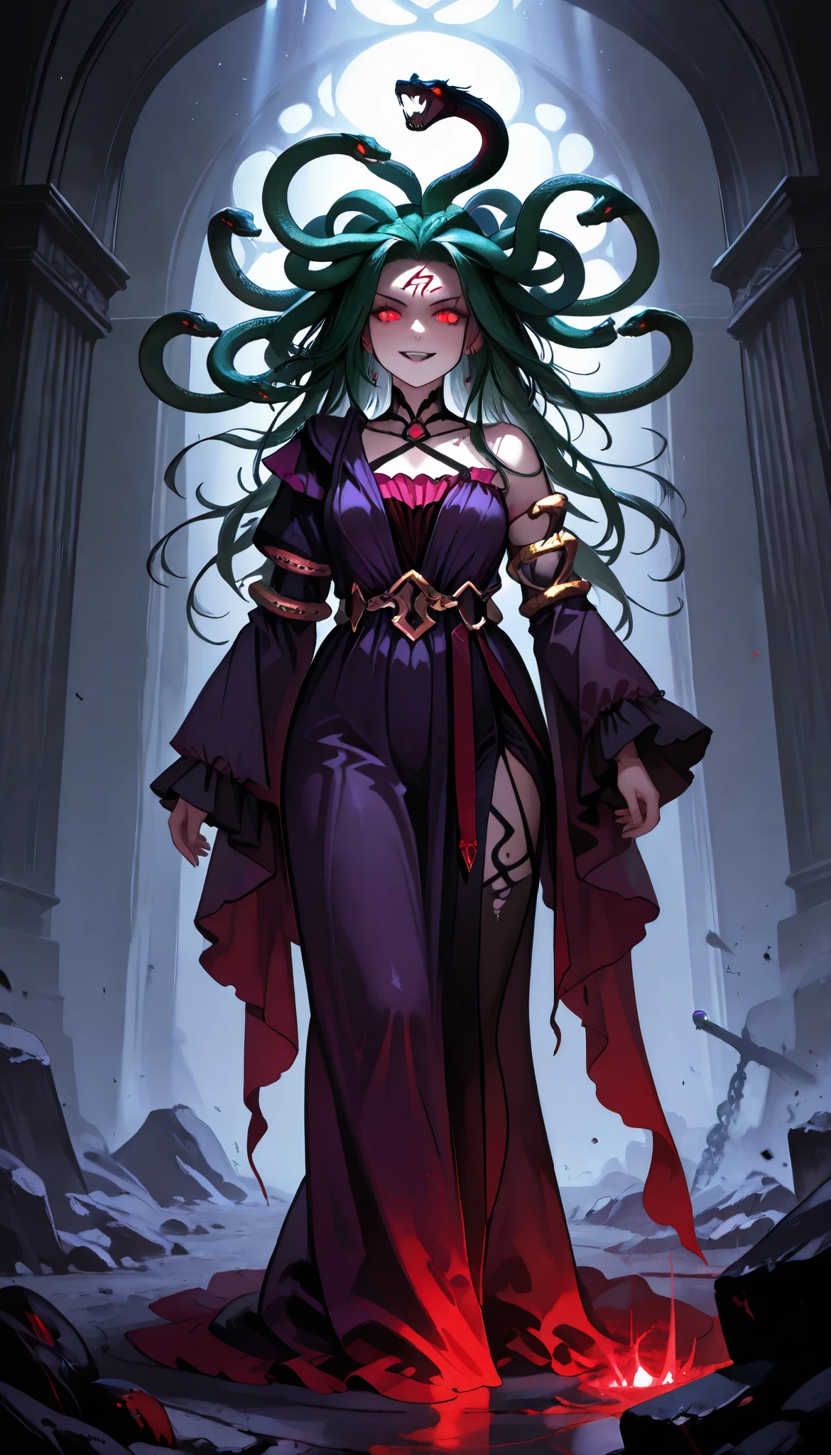 Gothic art, cinematic lighting, masterpiece, best quality, super detail, 8k, A dark fantasy illustration of Medusa, a mythical woman with green snake hair. Her glowing red eyes possess a petrifying gaze, and she wears a sinister smile. She is dressed in an elegant purple gown, standing in her dimly lit rocky lair. The atmosphere is eerie and mysterious, with shadows casting across jagged stones. The snakes on her head wriggle menacingly, their fangs bared. The scene is detailed, with a dramatic play of light and shadow enhancing her ominous presence