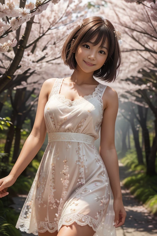 masterpiece, highest quality, High resolution, wallpaper, realistic, (bright lighting:1.4), professional lighting, face light, smooth lighting, japanese girl, full body, cute, happy, smile, shy, Beautiful girl, gravure, sexy, super beautiful, beautiful skin, beautiful and detailed eyes、detailed face、slim、moderately, short hair, brunette colored hair, brown eyes, Summer Dresses, The morning sunlight shines through the misty forest path.