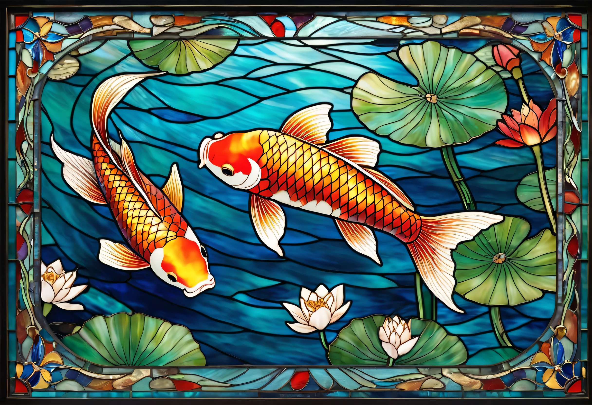 Brilliant carp(Carp)
A vibrant stained glass illustration of a Japanese koi fish swimming gracefully in a rippling pond. The koi has shimmering golden and red scales, while the water is depicted in deep blues and turquoise. Lotus flowers and lily pads surround the scene, adding a peaceful and elegant touch.