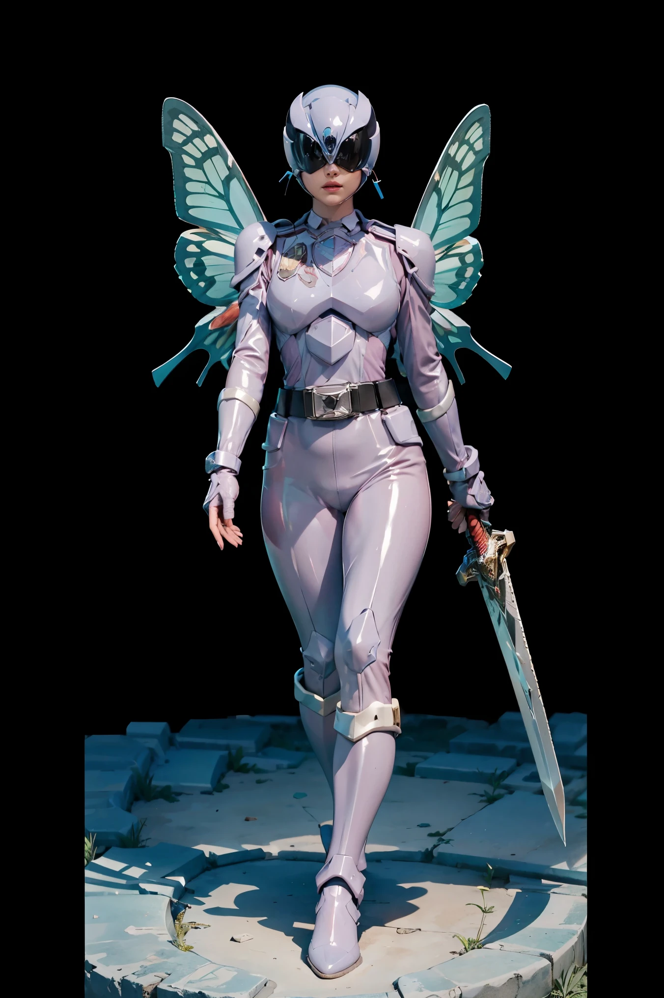 1girl, full body, Illustration, cinematic light, high resolution, best quality, ultra-detailed, masterpiece, power suit, powerranger, suit, kingohger, holding sword, butterfly wings