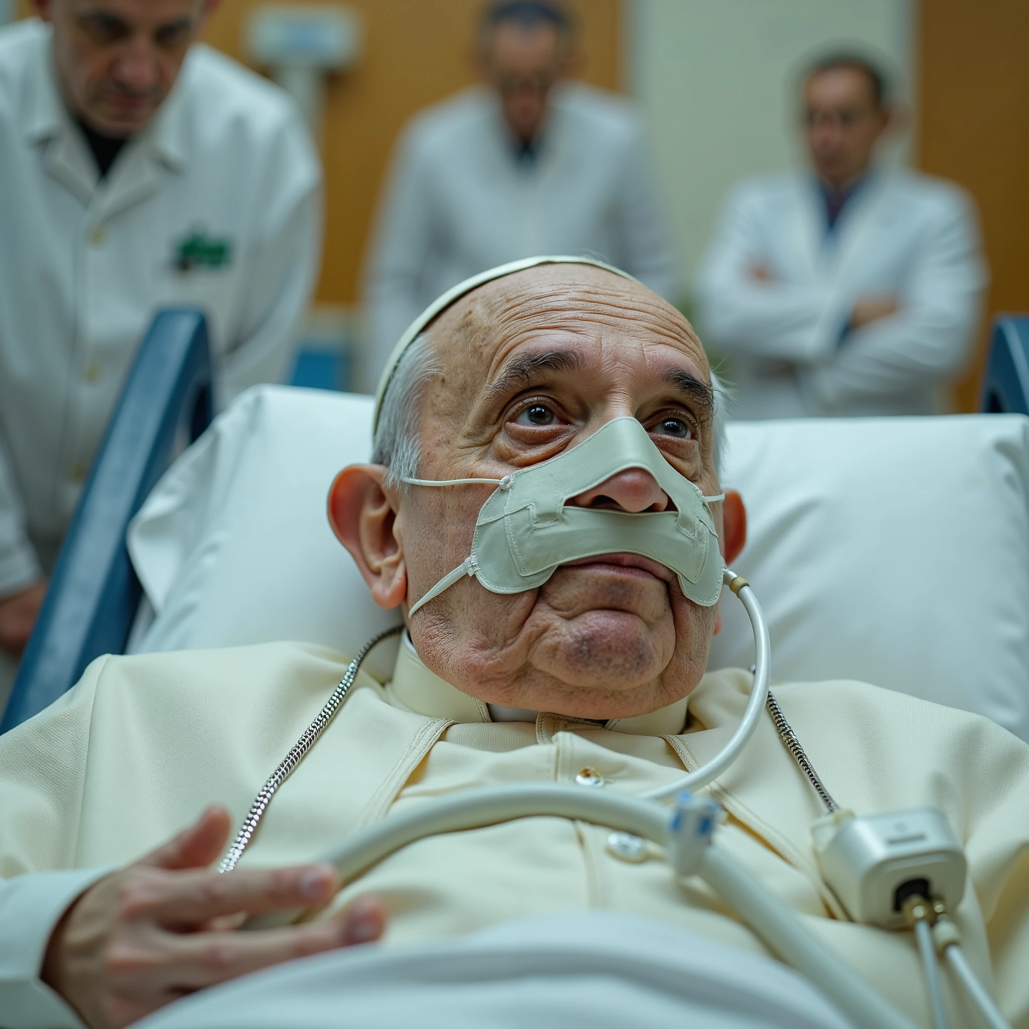 very old and wise (popefluxlora) Pope Francis /( chubby and swollen due to water retention)/, respirator on the face, laying on a bed in an hospital room with drip inserted into arm. (old Pope), (busy and worried doctors in blur background). Photorealistic and detailed shot, wide-angle.