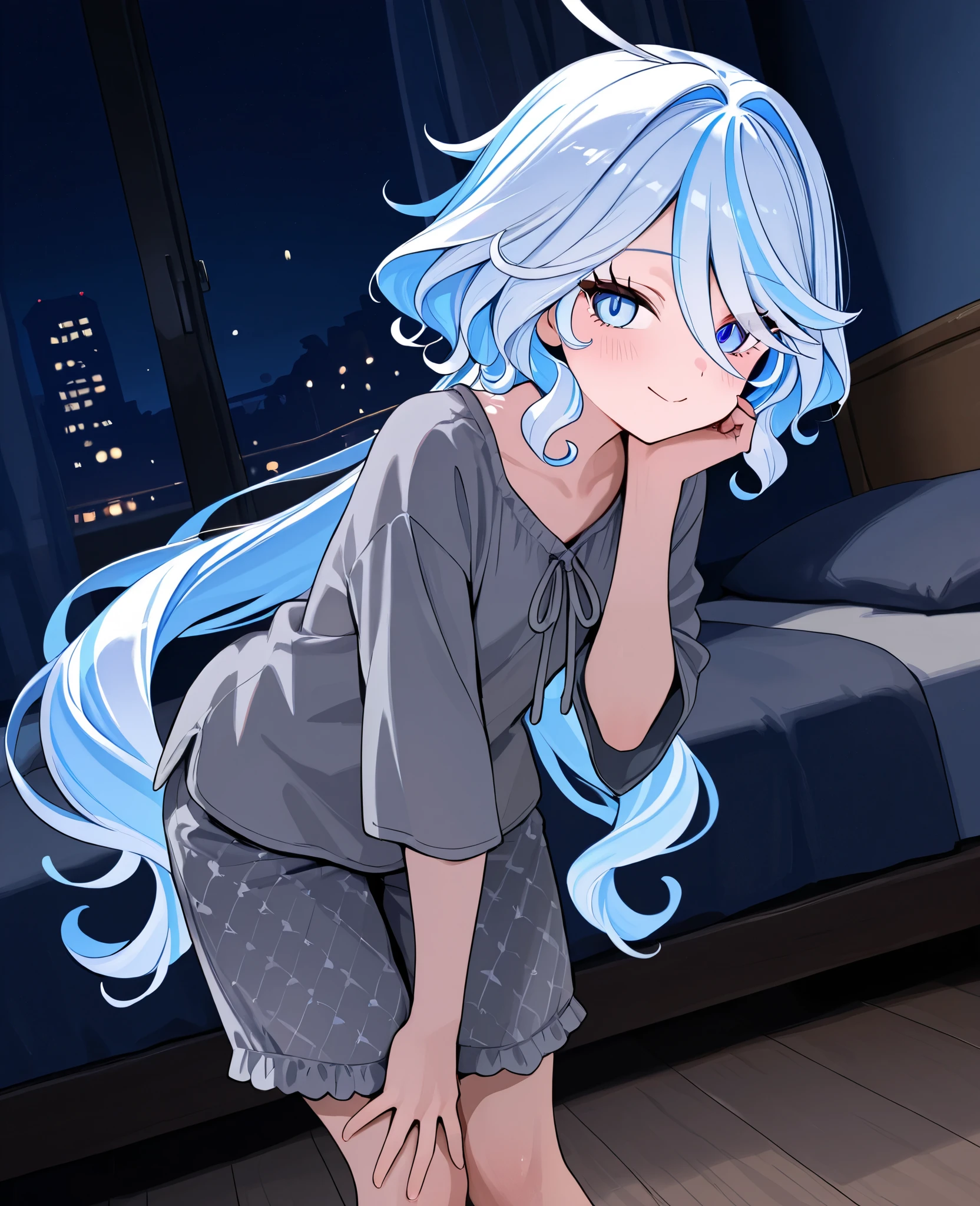Cute girl standing in stylish room at night, head from knees, grey pyjamas, bedroom Furina