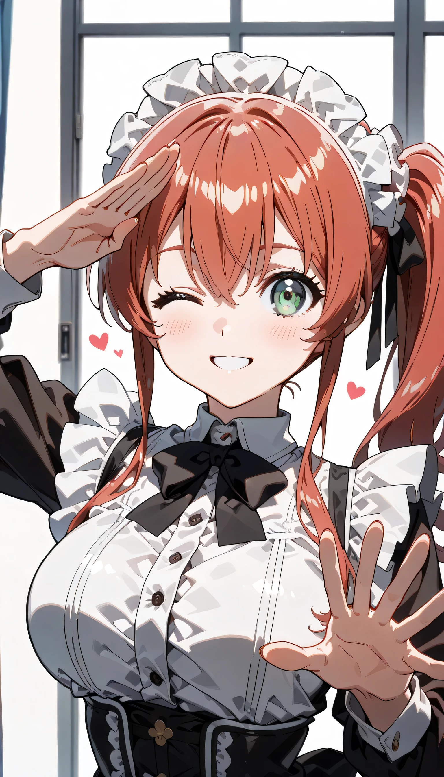 ((ultra-detailed)), (highly detailed CG illustration), (best quality:1.2), ultra-highly detailed, colorful composition, artistic photoshoot, ((1girl:1.4)), ((solo focus:1.4)), ((upper body:1.4)), moe anime character, girl, dainty facial structure, (baby fand face), ((rounded chin)), ((ideal ratio body proportions)), ((red hair color:1.4)), medium hair, side ponytail hair, green eyes, sparkle eyes, ((one eye closed)), ((smile)), (happy), (joyful), expecting, pink cheek, blush, light pink gloss slip, french maid uniform, ample breasts, maid headdress, from front, ((salute showing palm with right hand:1.4)), ((spread left arm outside)), standing by school classroom, ((dynamic pose:1.4)), portrait, depth of field, soft lighting, sidelighting, (shine), lighting, caustics, ray tracing, smile, perfect face, lustrous skin, highly detailed face, highly detailed eyes, perfect face, perfect nose, perfect hair, perfect eyes, perfect anatomy, beautiful hair, beautiful small face, extremely detailed face, beautiful detailed eyes, beautiful clavicle, beautiful body, beautiful huge breasts, leavage, breasts squeezed together, equalize the size of the left and right breasts, beautiful thin thighs, beautiful legs, beautiful fingers, beautiful fingers, ((4 fingers)), 1 thumb, lovely, (very detailed background:1.0), (highly detailed background:1.0), spring aesthetic, intricate details, joyful atmosphere, spring colors palette, chromatic aberration