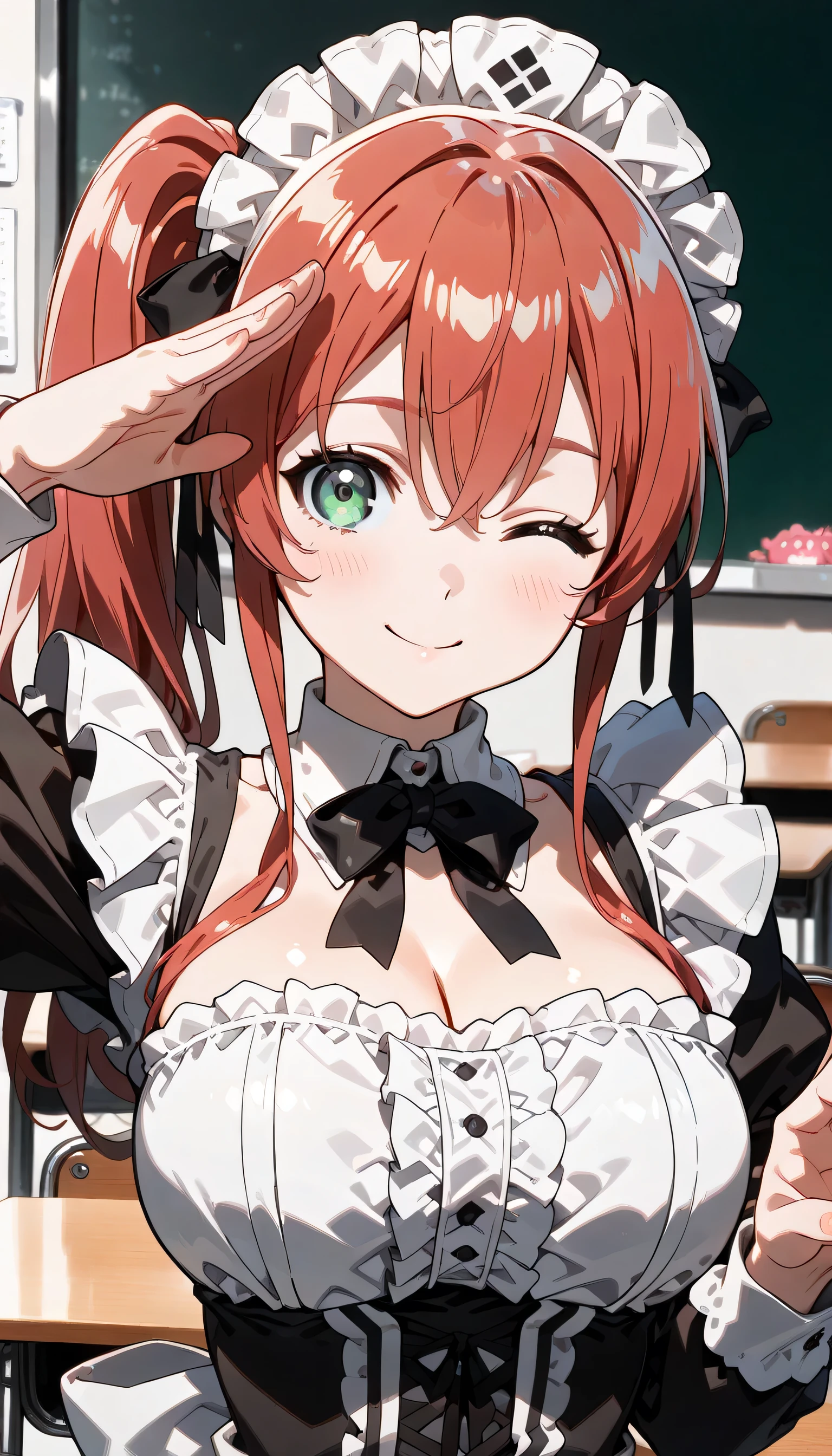 ((ultra-detailed)), (highly detailed CG illustration), (best quality:1.2), ultra-highly detailed, colorful composition, artistic photoshoot, ((1girl:1.4)), ((solo focus:1.4)), ((upper body:1.4)), moe anime character, girl, dainty facial structure, (baby fand face), ((rounded chin)), ((ideal ratio body proportions)), ((red hair color:1.4)), medium hair, side ponytail hair, green eyes, sparkle eyes, ((one eye closed)), ((smile)), (happy), (joyful), expecting, pink cheek, blush, light pink gloss slip, french maid uniform, ample breasts, maid headdress, from front, ((salute showing palm with right hand:1.4)), ((spread left arm outside)), standing by school classroom, ((dynamic pose:1.4)), portrait, depth of field, soft lighting, sidelighting, (shine), lighting, caustics, ray tracing, smile, perfect face, lustrous skin, highly detailed face, highly detailed eyes, perfect face, perfect nose, perfect hair, perfect eyes, perfect anatomy, beautiful hair, beautiful small face, extremely detailed face, beautiful detailed eyes, beautiful clavicle, beautiful body, beautiful huge breasts, leavage, breasts squeezed together, equalize the size of the left and right breasts, beautiful thin thighs, beautiful legs, beautiful fingers, beautiful fingers, ((4 fingers)), 1 thumb, lovely, (very detailed background:1.0), (highly detailed background:1.0), spring aesthetic, intricate details, joyful atmosphere, spring colors palette, chromatic aberration