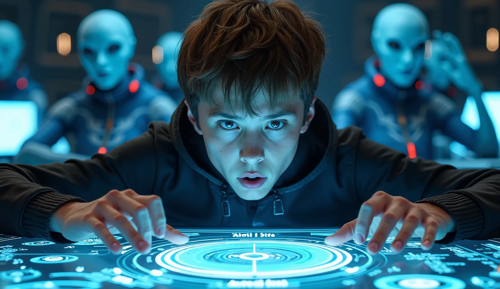 masterpiece, high quality, 1 boy, child, Solitary, Male focus, blue eyes, Black Light, from above, Cyberpunk