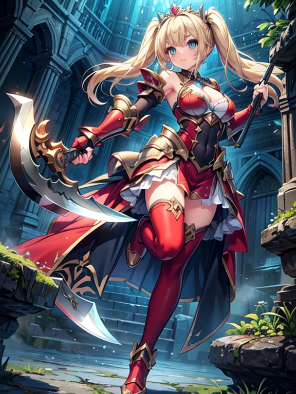 Fraction_9_up, Fraction_9, Fraction_8_Direction_7_up, src_Japanese cartoons,masterpiece, best quality, high resolution, Extremely detailed CG, absurd, high resolution, 1 Girl, Female knight in metal armor, skirt, Ruffles, Holding a flaming sickle, Red_Full set of clothing, Short Shoulder Armor, Off-shoulder, Plate, Armor suit,Gloves, Blonde Hair,Double tail, Long hair, blue_Eye, ruby tiara,cleveage, thigh, thigh armor, arms, ((flaming sword)), The fire spread