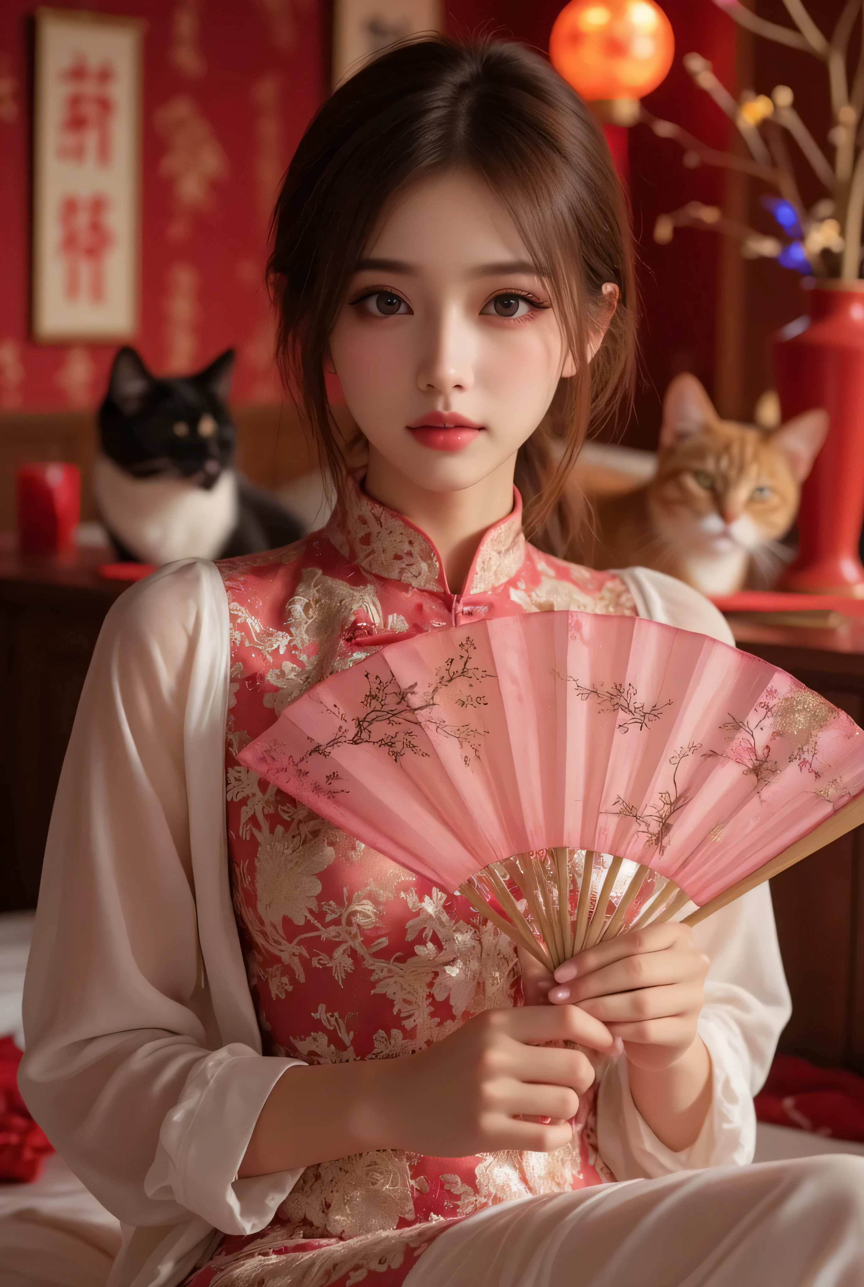 Cat ears、 face up, attractive, pretty girl, ponytail、 (( fine facial features , eroticism)), dramatic lighting , realistic , 8k, Dramatic Shadows , intricate and elaborate patterns , super detailed photo , chiaroscuro lighting , Pleasant colors , deep contrast , super real 、 pink lipstick、 warm room、Vintage Fireplace 、 cinematic composition、Close-up of face, pretty half part transparent open shoulder loose outfits dress, tang style, A beautiful Korean idol wearing a one piece red- black tightly cheongsam with phoenix and intricate floral golden embroidery, golden and silver outline on dress, hand hold pink feathers transparent Chinese fan with golden ink painting of bird and tree , standing gracefully in a room filled with traditional Chinese New Year decorations. The room features vibrant red lanterns, decorative calligraphy scrolls, a small Chinese orange tree with golden ornaments, and several red envelopes scattered across the floor and hanging from the tree. Adorable, playful cats are part of the scene—some sitting near the tree, others curiously pawing at the red envelopes or lounging around. Through a window or an open door in the background, vibrant Chinese fireworks light up the night sky in an array of reds, golds, and blues, casting a magical glow into the room. The idol’s outfit is paired with subtle accessories like red hairpins or earrings, complementing the festive look. The atmosphere is warm and lively, filled with the joyful essence of the celebration, enhanced by the shimmering lights of the fireworks and the lively decor.