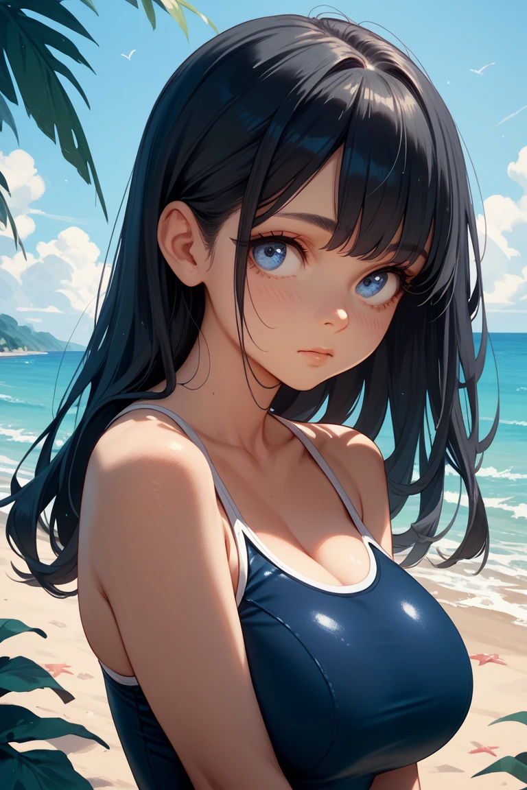 absurderes:2.0、dramatic angle、(old school swimsuit、from above:1.6, )、realistic, Unity 8K Wallpaper, Masterpiece, Realistic face, Realistic skin feeling ,detailed hair, highly detailed, realistic glistening skin, Cute Girl, Perfect face, charming face, Glossy skin, big brest、embarrassed、gray hair, black eyes, smile
