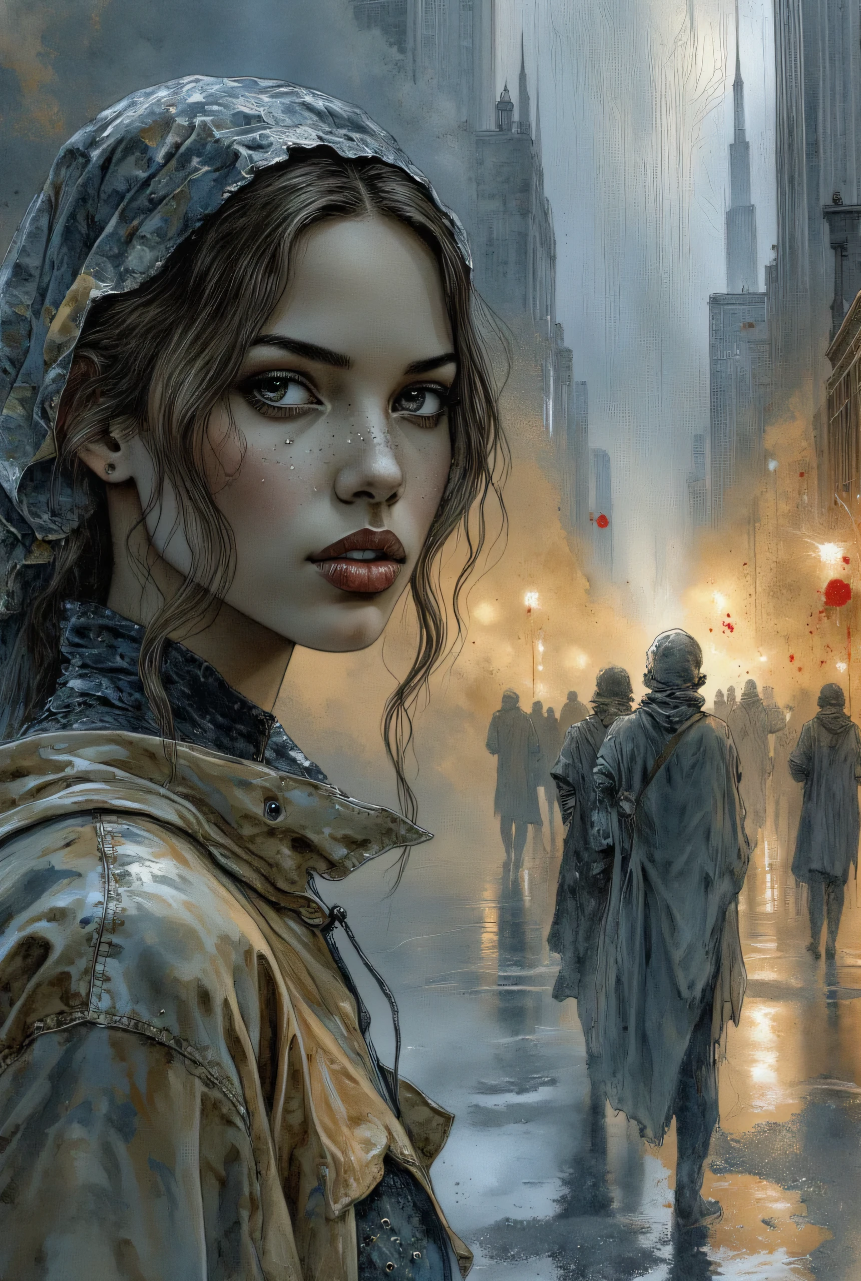 A stunning 21-year-old girl, with delicate features and an expression of quiet wonderment, contemplates the raindrops forming on a fogged window. She wears a translucent rain cape with a hood, which gently drapes around her figure, reflecting the soft glow of the city lights. Her deep, expressive eyes follow the trails of water on the glass, self-absorbed. Outside, the heavy rain blurs the contours of the distant figures, their dark silhouettes merging with the wet pavement, creating an eerie and mesmerizing "Shadow Effect". The city is a fusion of glowing streetlights and abstract urban forms, distorted by the downpour. The scene evokes a sense of solitude and quiet wonder, rendered in a semi-abstract, impressionistic style, with dripping brushstrokes and a contrast between the cool tones of the rain and the warm glow of the distant lights. Immagine in stile Luis Royo