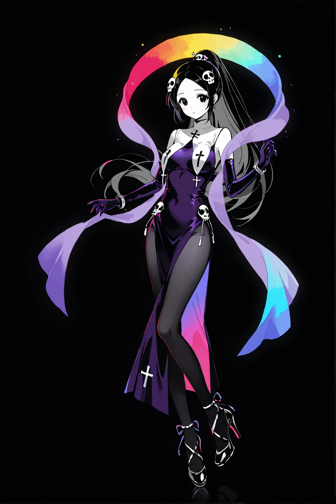 ,( stands,whole body, high heels:1.7),HoleHeels,oval/Circle/Thorn/Horn Heels,ruanyi0847,bodysuit,breast curtains,dress,nun,pantyhose,pelvic curtain , Limited Color Palette, Black Background ,Colorful, vivid colors ,Flashing silhouette ,neon,black light ,watch, Masterpiece, very beautiful ,Elucia de Lute Lima, forehead, black hair, black eyes, hair ornament, skull hair ornament, ponytail,
japanese clothes, dress, purple dress, sleeveless, hagoromo, shawl, elbow gloves,