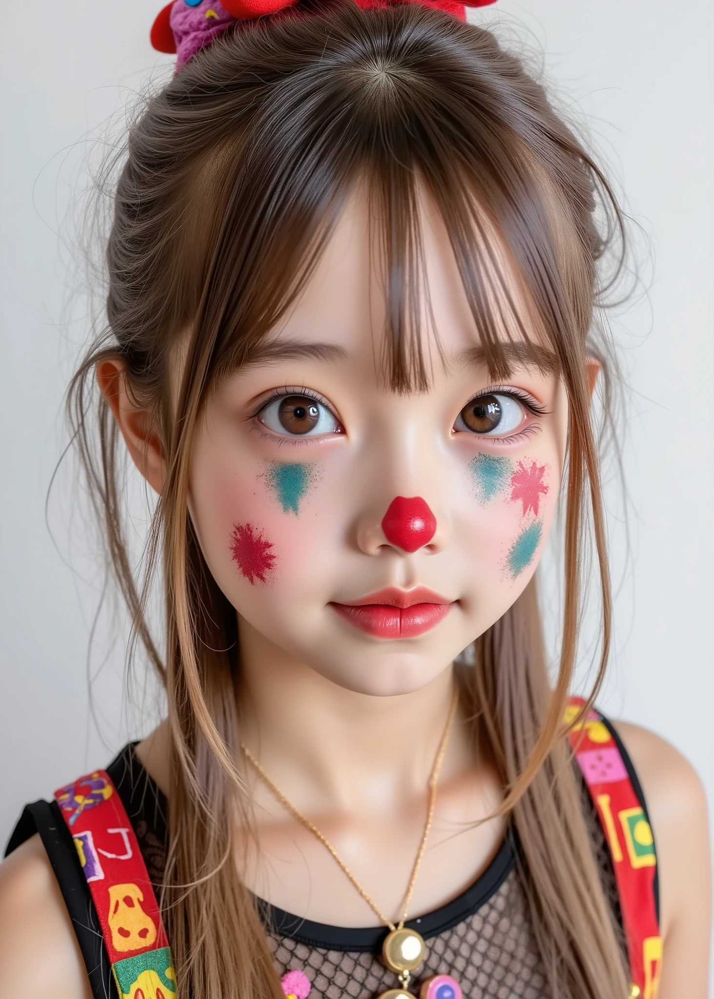 realistic、 girl in a clown costume、 cute、An innocent and straightforward 、