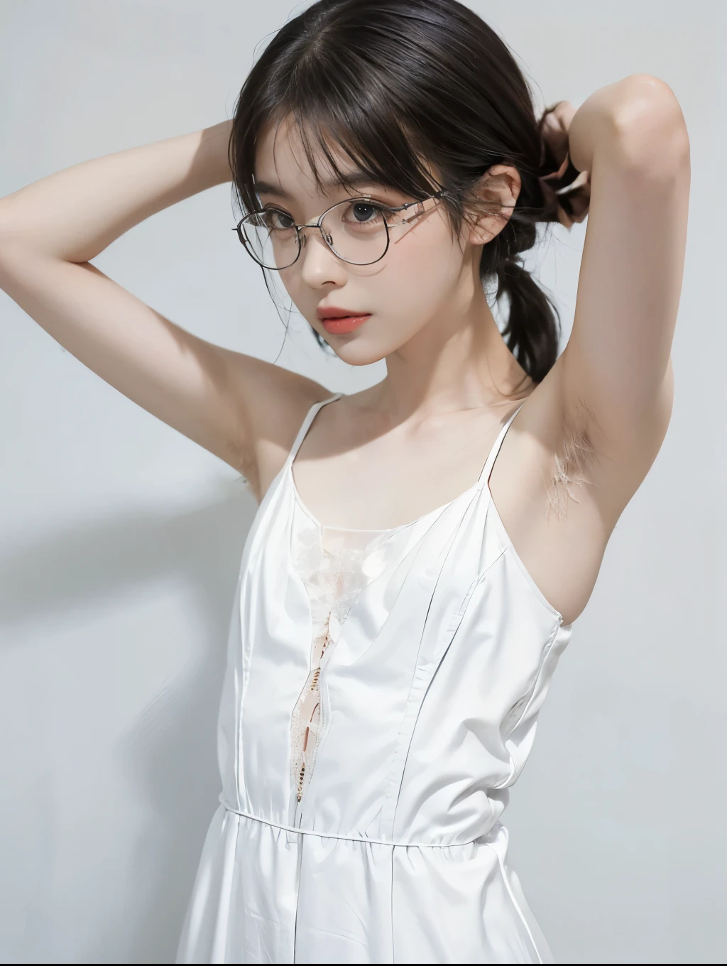 1girl, portrait, (glasses Japanese girl, hands behind head, hairy armpit exposed), (hairy armpits, armpit hair:1.4), ((white camisole dress, lace)), skinny body, (flat chest:1.3), shiny pale skin:1.2, (glasses, glossy cod lips:1.3, look of confusion:1.3, blush, parted lips), white wall, studio lighting, looking at viewer, Realistic, (real picture, Intricate details), natural skin texture:1.5