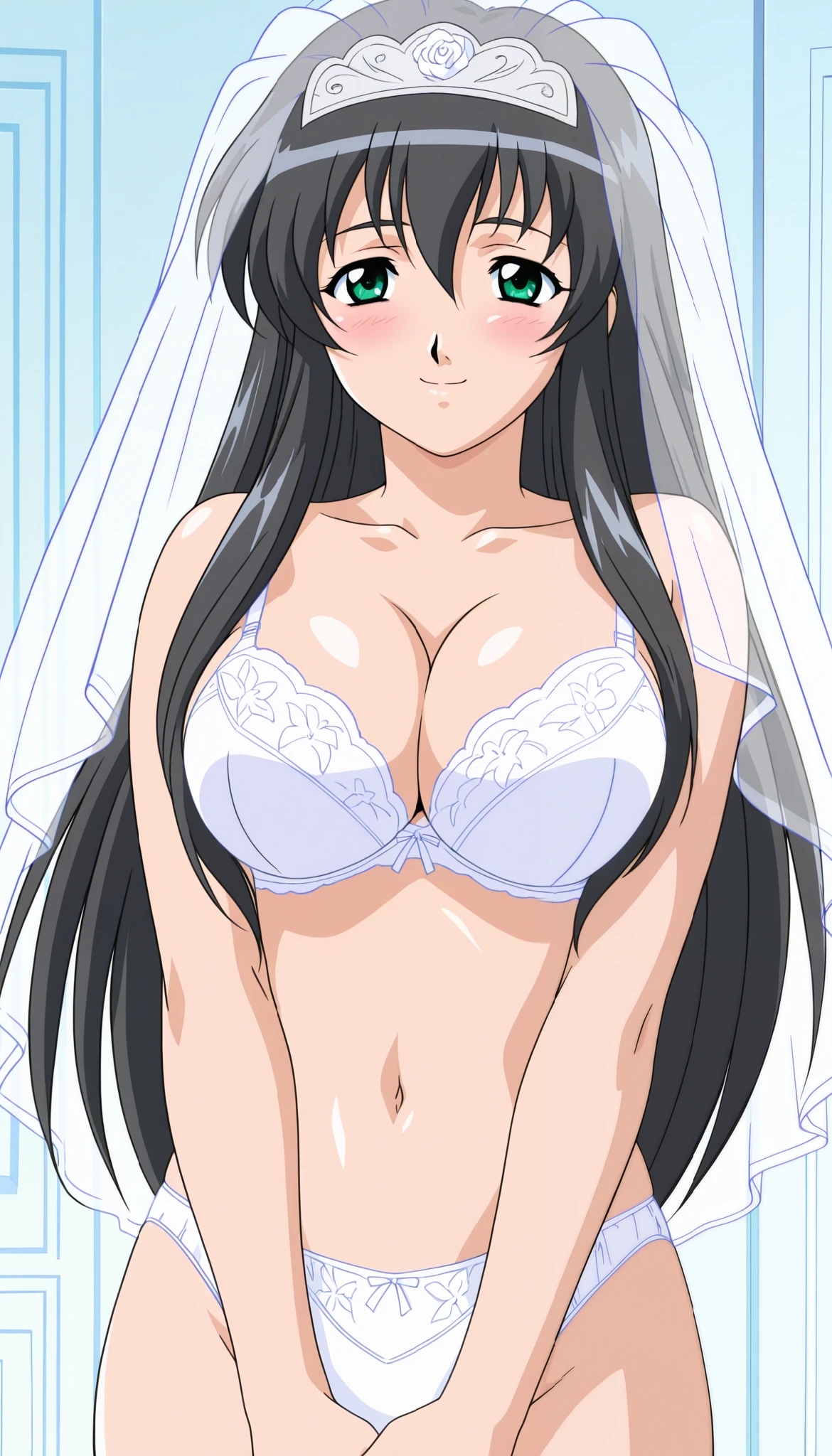 general,highres, ultra-detailed,very aesthetic,best quality ,best hands, BREAK Himeno_Yuuri_OVA, 1girl,solo, black hair, long hair, green eyes, large breasts, bangs, sidelocks, hair between eyes 2010s (style), anime coloring, wedding veil, white bra, lace, panties, blush, horny, slutty, smile