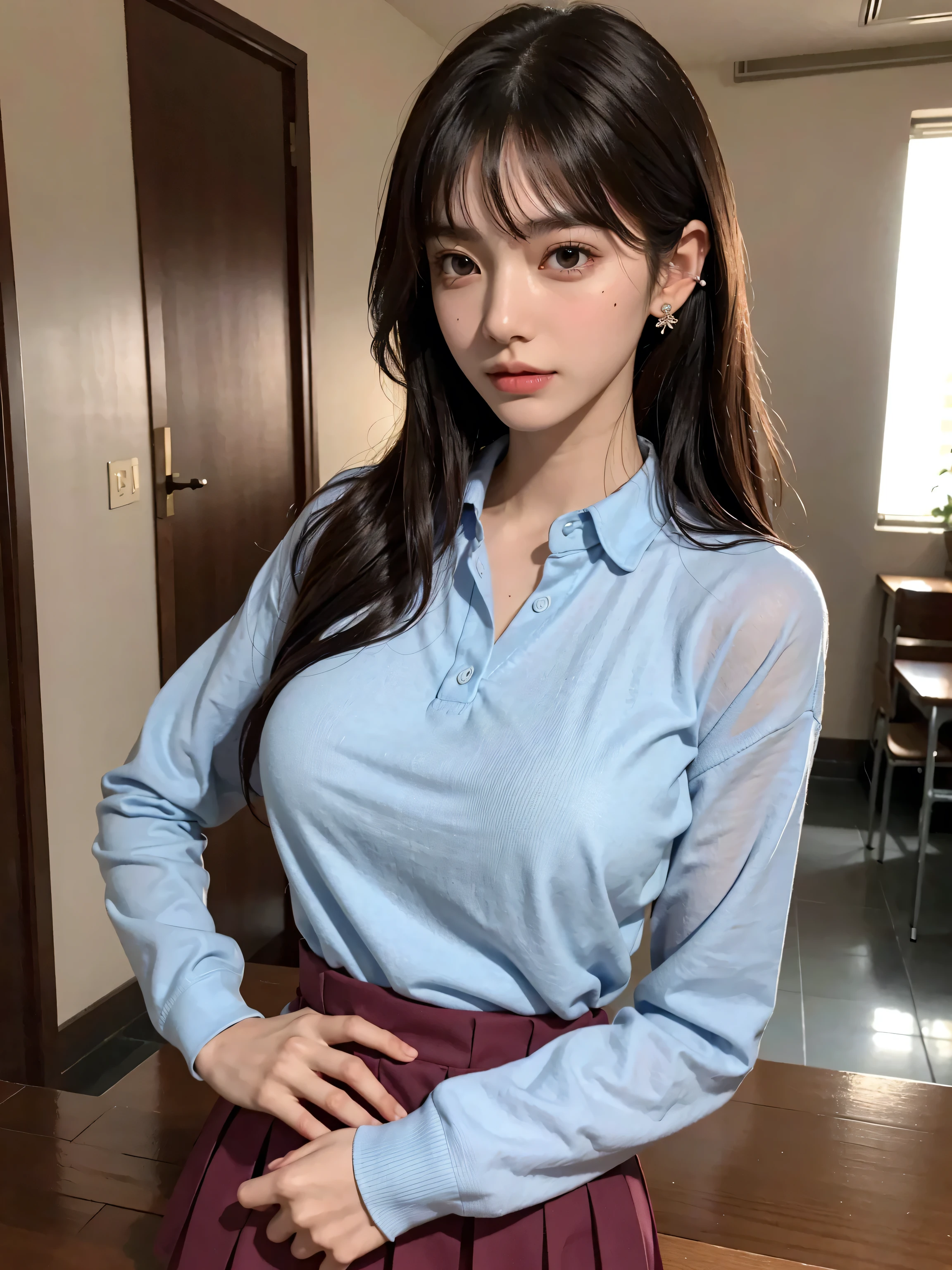 Best quality, Masterpiece, 超高分辨率, Photorealistic, Multiple girls, (Pretty face:1.4), White shirt with blue collar：1.5, Black sweatpants ：1.5(Large of breast, Narrow waist), cabelos preto e longos, In the library, Bokeh, Beautiful lighting, Shiny skin，An amazing woman，Has an extremely curved body、Huge and deep，Will leave you breathless，adolable，Expose the waist and lower breasts，extremely huge breast：1.6
