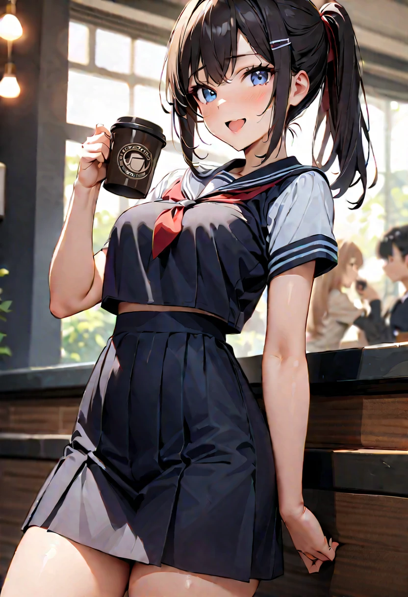 Create an image of a Japanese woman named Yui。She's a college student.、I work part-time at a cafe.。Yui is sociable and cheerful.、glamorous（Big Breasts）She has a nice figure.、My height is 155cm。She has long black hair in a ponytail、Wearing red glasses。What to wear、A stylish cafe uniform that is both professional and friendly.。Smiling warmly、It creates a friendly and welcoming atmosphere。