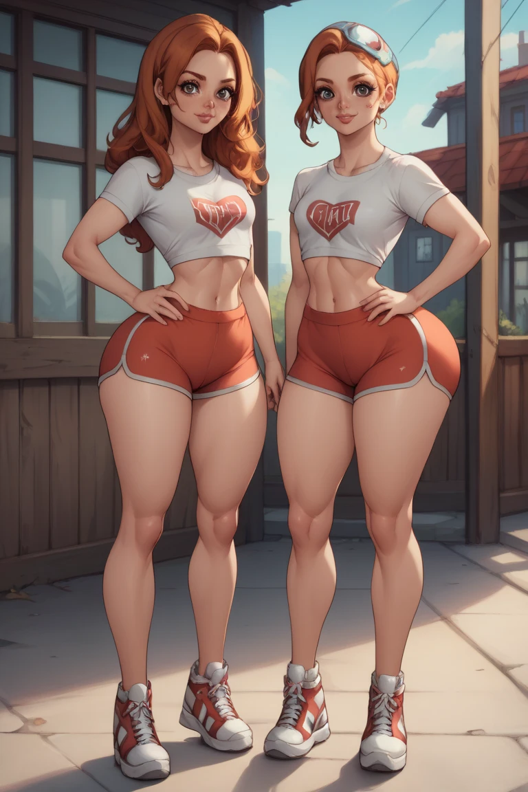 sexy girl, short red hair, matching sports bra and panties, knee high socks, athletic socks, sneakers, outside, public, full body, standing