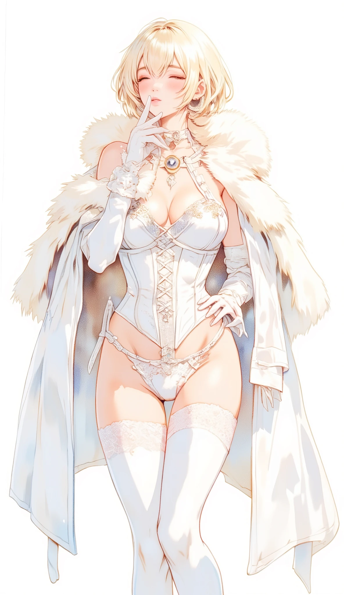 NSFW, best quality (4K, high resolution, masterpiece:1.2), ultra-detailed, realistic (photo-realistic:1.37), Emerald, the town's most sought-after courtesan, portrait, ((dressed in a provocative and formfitting costume consisting of black laced bra, black lace corset, black lace thong, garter belt, and black lace stocking, white fox fur overcoat)), ((Perfect round and squishing breasts)), alluring and expressive gaze, green eyes, poised stance, ((emerald-colored hair)), confident and enchanting aura, bold color scheme, sharp focus, perfect, seductive lighting, confident, alluring demeanor, provocative smile, a luxurious brothel with an intriguing background, tranquil yet empowering atmosphere, inspired by fantasy art and divine mythology, emphasizing her allure, wisdom, and charm, meticulous attention to facial details showcasing her full lips and expressive eyes, striking visual impact, expressive and alluring facial features, supernatural elements blended with a serene reality, (exceptionally detailed:1.3), super finely detailed and delicate hands, ultra finely detailed fingers (ten fingers), suggestive, standing with alluring posing, full body showcase, no logos in the background.
