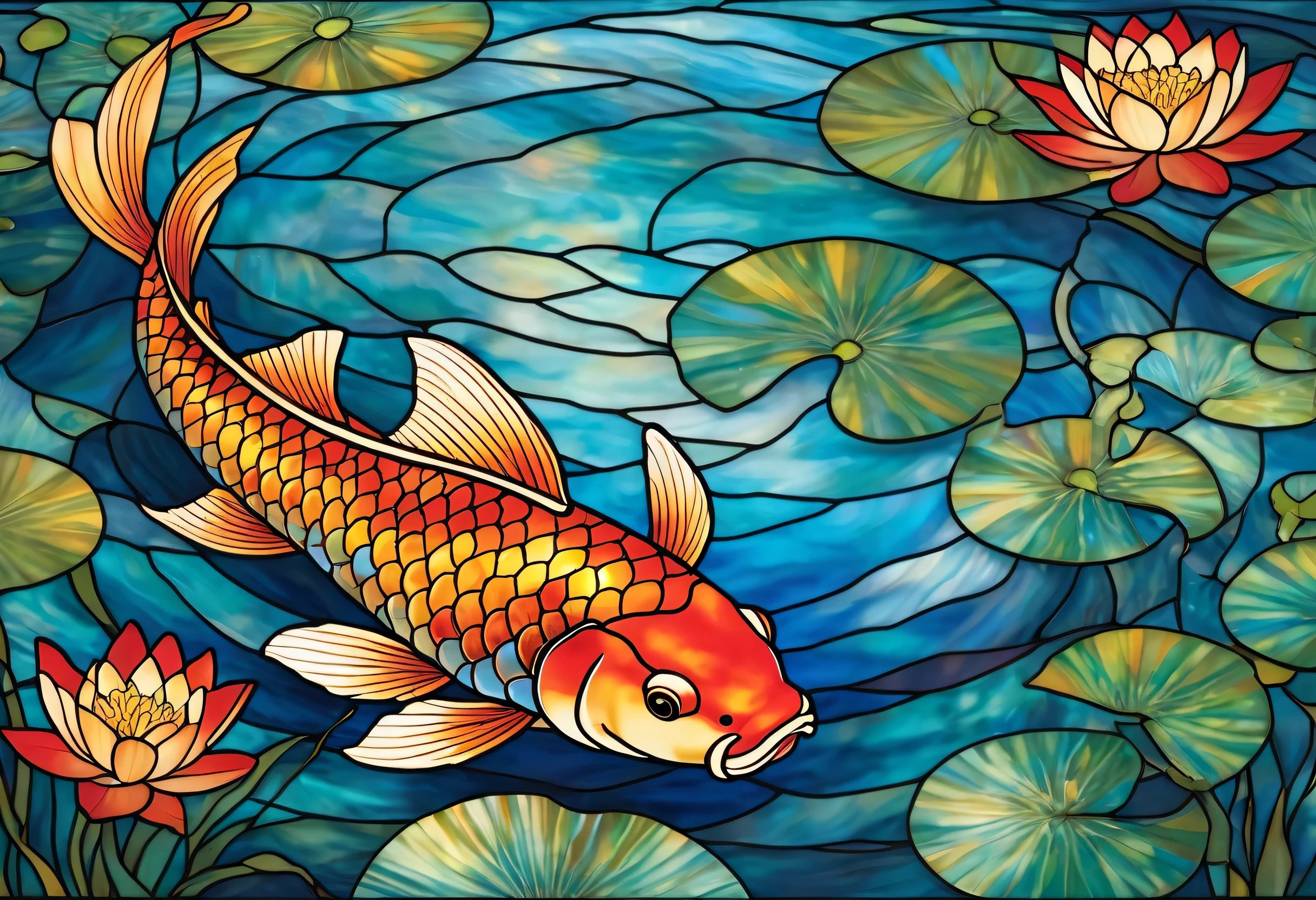 Brilliant carp(Carp)
A vibrant stained glass illustration of a Japanese koi fish swimming gracefully in a rippling pond. The koi has shimmering golden and red scales, while the water is depicted in deep blues and turquoise. Lotus flowers and lily pads surround the scene, adding a peaceful and elegant touch.