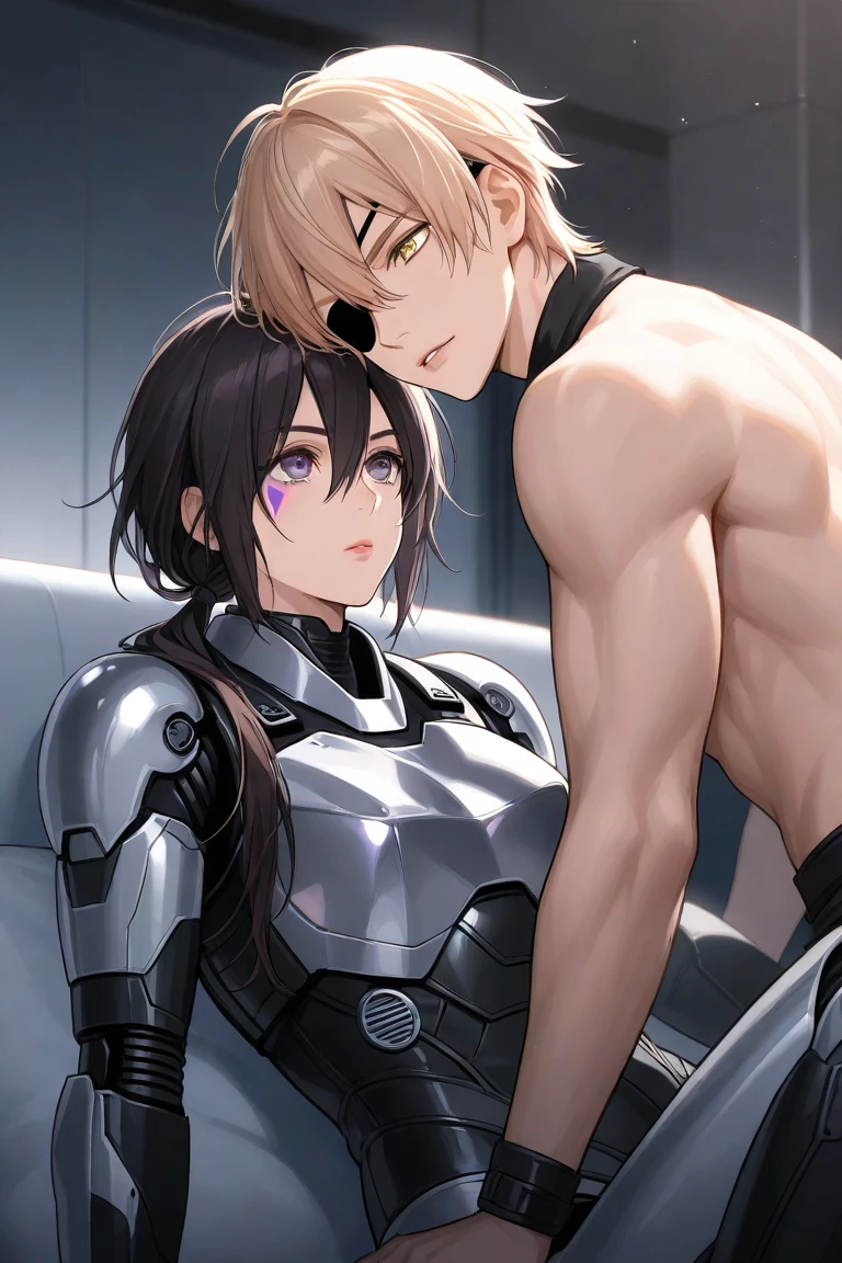 Generate a cyborg male and female lover couple, High detailed, High quality, Potrait of one handsome and hunk and cute 20 year old cyborg captain look a loke Cha Eun Woo (have a big chest muscles, narrow waist, big hips, big tight thighs, short black hair with bangs, male slim muscular man, hunk,　big bulge, big fat ass, a big cock erect in his pants) in a very tight white rubber suit tight plug suit gloves and a beautiful sexy cyborg girls (have a big tits, narrow waist, big hips, long black hair, big fat ass) with a white bikini, Standing, Perfectly proportioned, Intimate, Lover, Fucked to each other, Perfect anatomy, The background is a sex lake in a forest and rain falling down and sex scene, Perfect face, Perfect body, Detailed face, Look at camera, Perfect background, Future, Universe, Science fiction