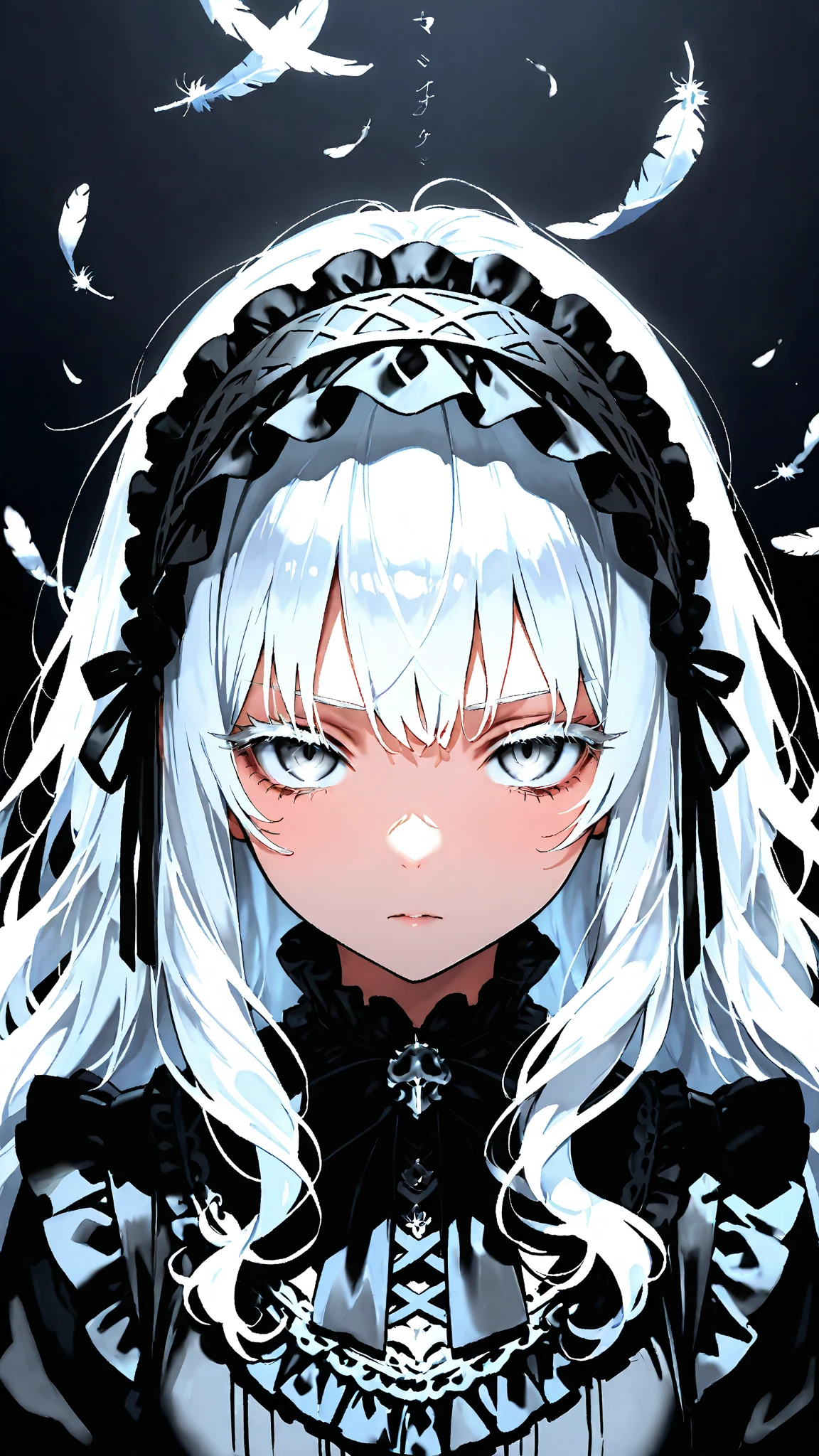 hatada rei, 1girl, solo, letterboxed, long hair, blue eyes, crying, looking at viewer, portrait, bangs, white hair, parted lips, straight-on, v-shaped eyebrows, close-up, crying with eyes open, feathers, <lora:reihatada:0.6>, <lora:Cutesy4-10:0.6>
