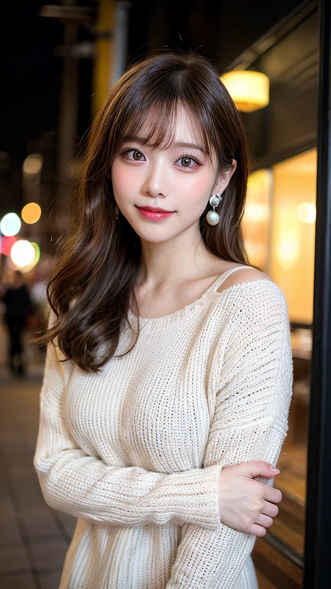 Urban beautiful girl college student, masterpiece, light makeup, red lips, silver hair, messy long hair, street background, beautiful, elegant. super fine details, master works, authentic texture, cinematic lighting realism, perfect job, 16K, hd, exquisite features,blue eyes、japanese idol、Beautiful Face、cute smile、brown hair、beautiful hair、ponytail、glamorous、 big breasts、erect nipples、Oily muscle、shiny skin、tanned skin、Black glowing skin、Sexy knitted sweaters, bright big eyes, smooth skin, earrings, necklace, tattoo