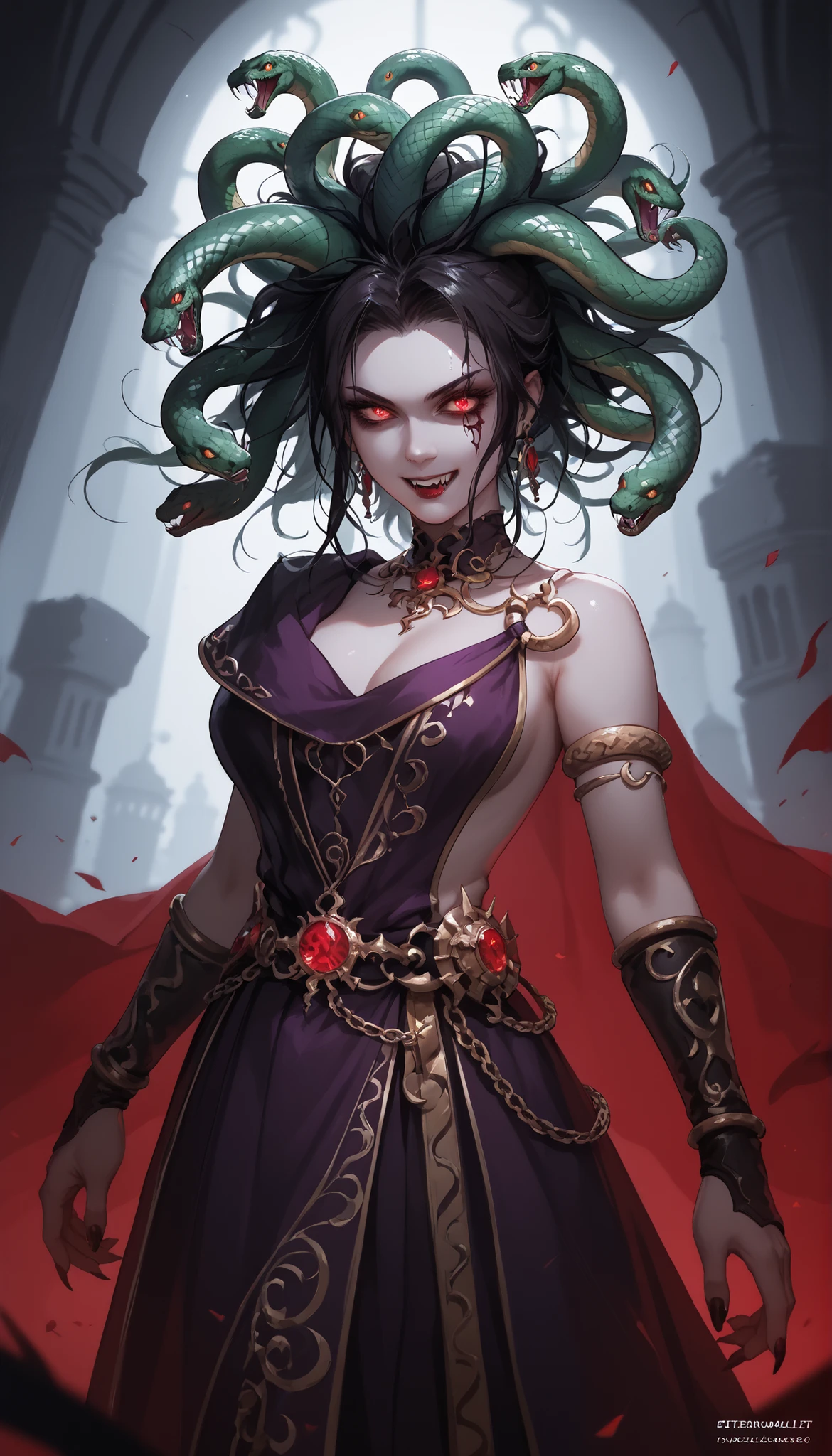 Gothic art, cinematic lighting, masterpiece, best quality, super detail, 8k, A dark fantasy illustration of Medusa, a mythical woman with green snake hair. Her glowing red eyes possess a petrifying gaze, and she wears a sinister smile. She is dressed in an elegant purple gown, standing in her dimly lit rocky lair. The atmosphere is eerie and mysterious, with shadows casting across jagged stones. The snakes on her head wriggle menacingly, their fangs bared. The scene is detailed, with a dramatic play of light and shadow enhancing her ominous presence