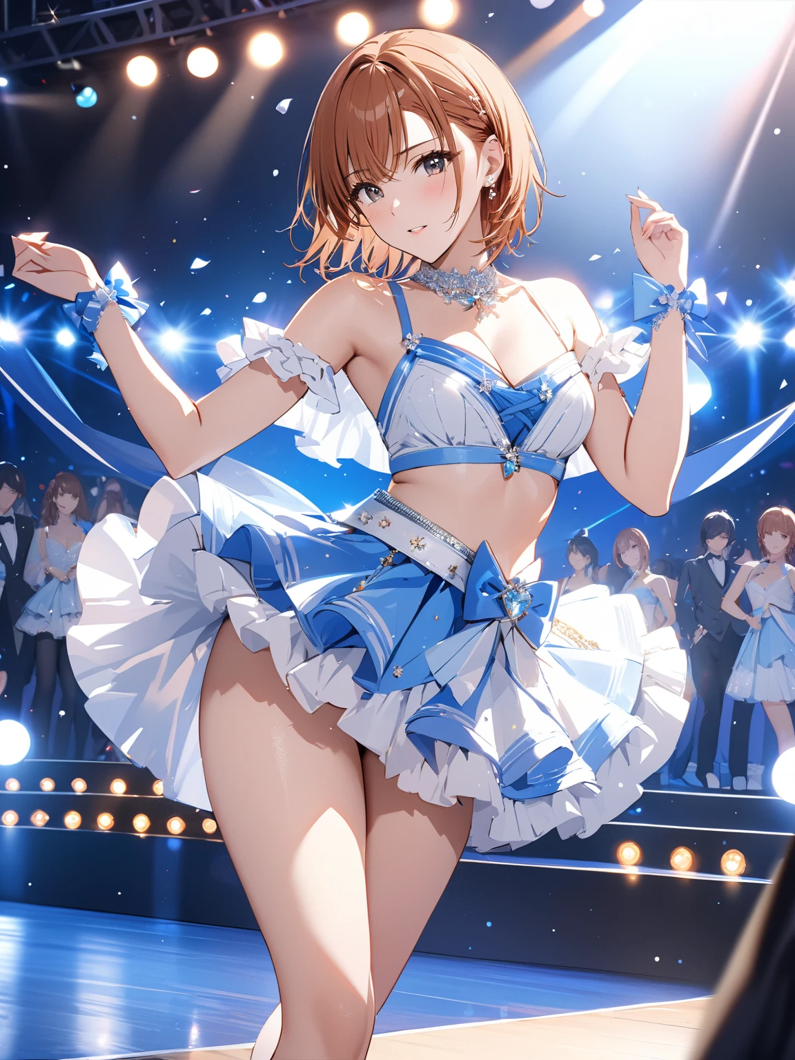 (Low - Angle), (masterpiece, Highest quality, High resolution), score_9, score_8_superior, score_7_superior, score_6_superior, sauce_anime, One person, Honoka Kousaka, We are in the present, lovelive!, score_9, score_8_superior, score_7_superior, score_6_superior, sauce_anime, blue eyes, Orange Hair, Medium chest, Side Ponytail, Medium Hair, Idol, Dancing energetically,Holding a microphone in your left hand, Outdoor, μsIdolドレス, loveliveのIdolドレス, Bright Stage, Illumination from below, Idolコスチューム, White panties, Frilled Panties, Panty shot, alone, A big flip-up dress, skirt, Smile wide open