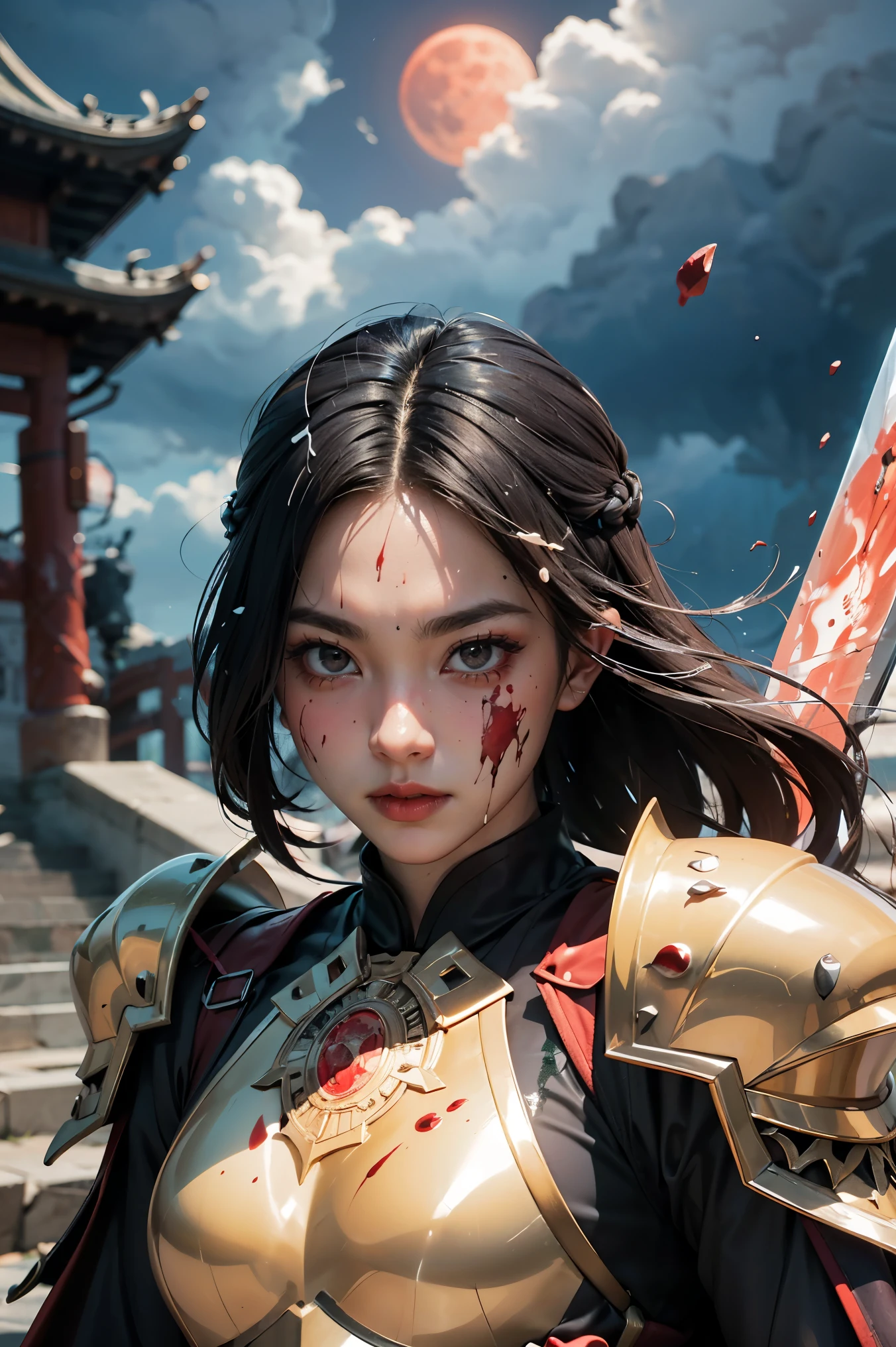 color splattered ink style,splash ink,splash art,Vibrant color splattered ink style, portrait of an intricately armored oriental Chinese swordswoman, her piercing gaze intense beneath a crimson moon, amidst dark, ominous clouds, clad in ornate black armor with golden accents, holding a razor-sharp Chinese sword with five fingers by the hilt, fresh blood dripping, swinging in a dynamic arc, blood splatters exploding, motion blur on the swords edge, surrounded by blood splatter, moody, atmospheric, ultra-detailed, photorealistic, with intricate armor patterns, fabric textures, and sharp, defined facial features, award-winning artwork, 32K HD.