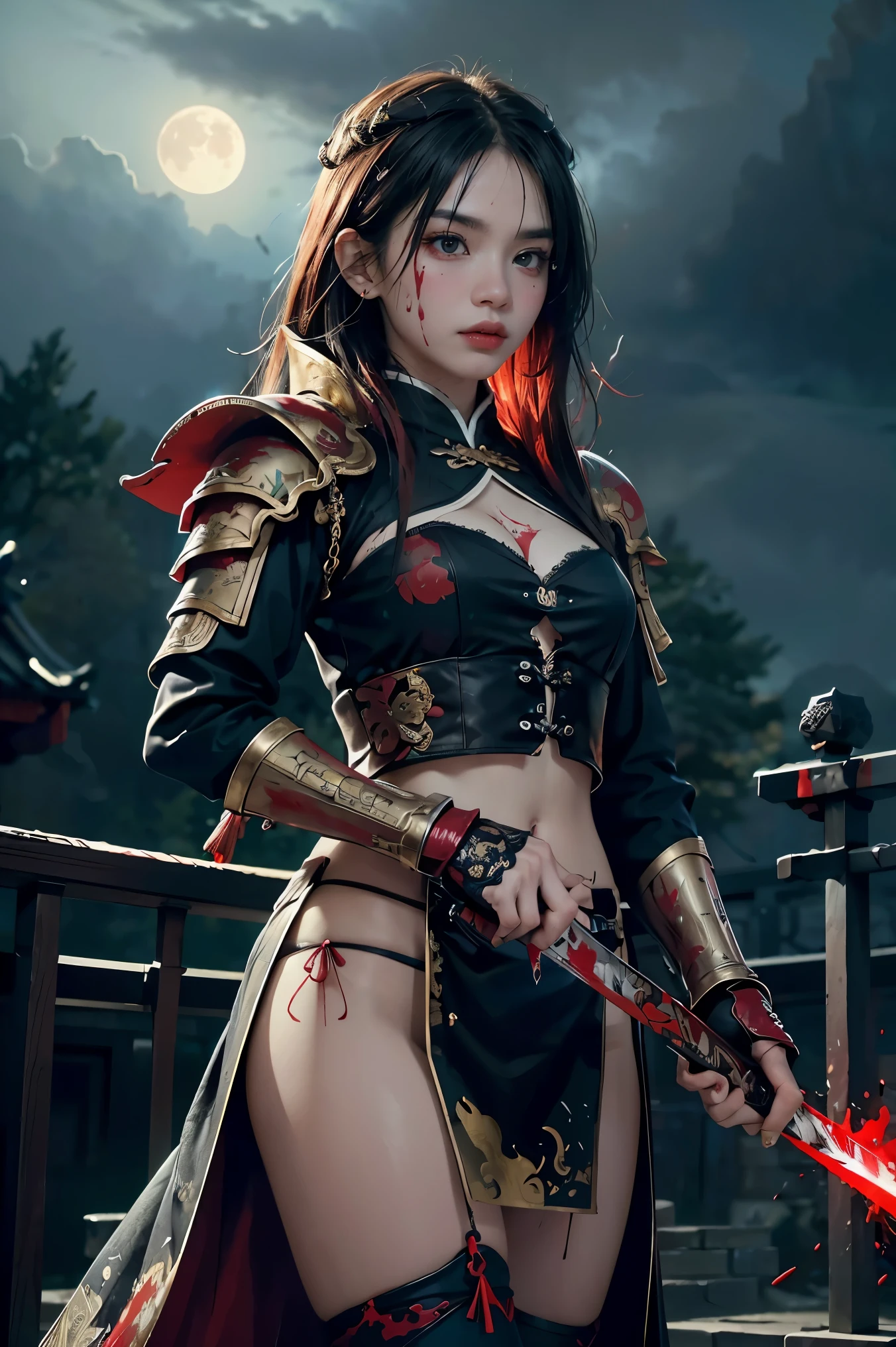 (Positive Focus), (In the Dark: 1), (Best Quality), (Realisticity: 1), Movie Poster, Realistic Skin Texture, Highly Detailed, 8k Wallpaper, Volume Lighting, Dynamic Lighting, A Girl, Black Ponytail Long Hair, Black Metal Armor, Red Belt, Black Armor, Shoulder Armor, Waist Guard, Hand Guard, Veil, Long Sword in front of Body, Ancient Chinese Style, Short Sword at Waist Attacking Posture, Blood Stains, Broken Clothes, Ancient Chinese Battlefield, Ancient Chinese Soldiers Chasing and Killing, Arrows Flying, War, Night, dramatic composition, sword qi surrounding, picture detail, war,