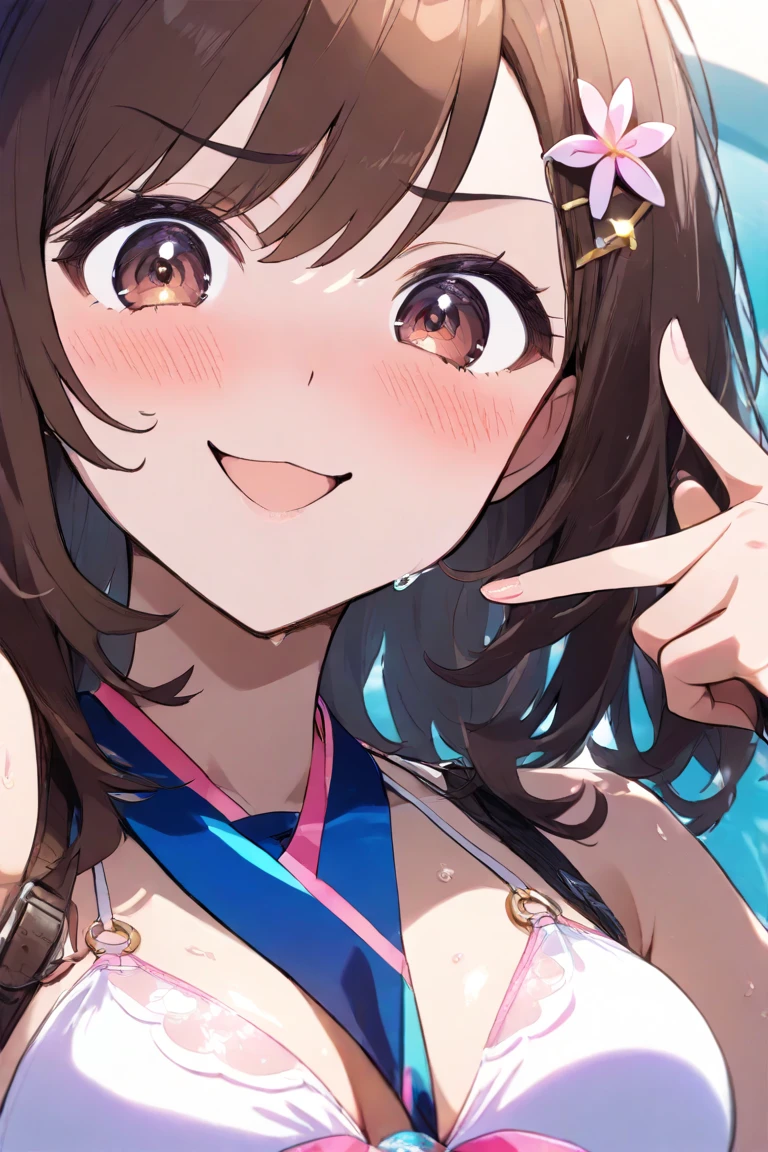 ((masterpiece)), ((best quality)), (ultra-detailed), pool, night, a cute girl, 1girl, solo, bikini, ((beautiful eyes)), smile