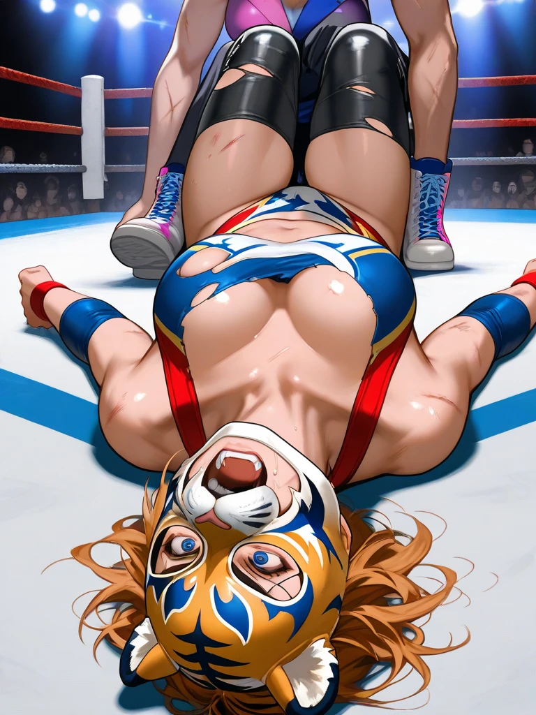 (masterpiece, best quality, ultra detailed), 1girl, 1man, Pro Wrestling Matches, fight, dynamic pause, action pause, show off breasts, show off pussy, NSFW, crying with eyes open