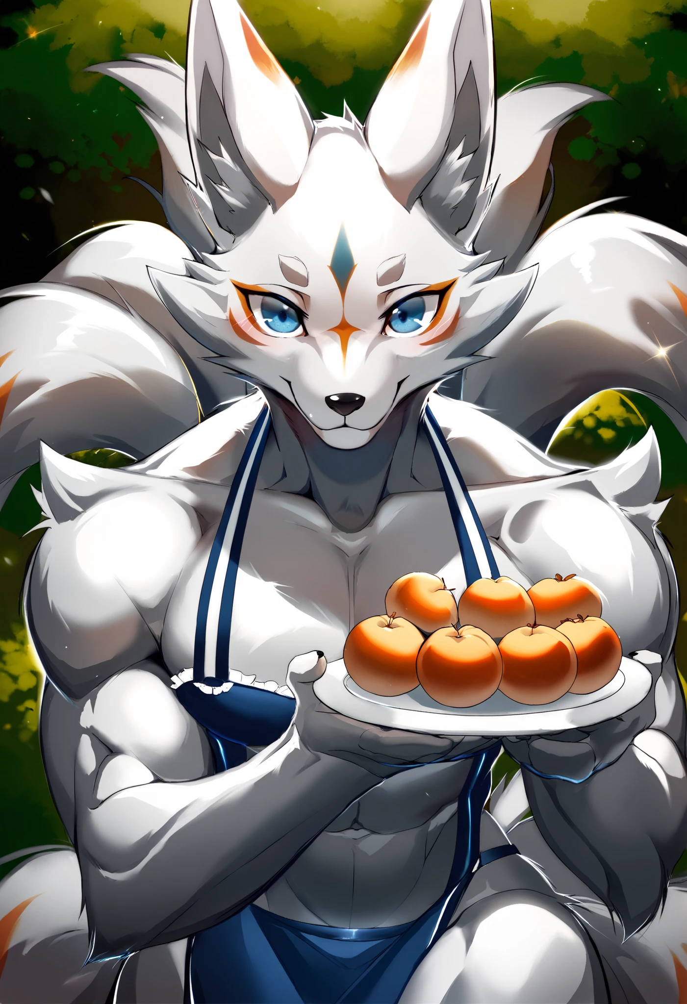anime style, line art style, 2k, ultra clear detailed, masterpiece, ultra clear detailed, ultra high resolution, 1440p. Furry, shota furry, cute, sfw. Kitsune, thin ears, white body, white fur, red marking, blue eyes, slim body, muscular body, 9 tails. Wearing a (maid suit), femboy. He was near his guest, bowing politely, holding a plate of food in his hand.