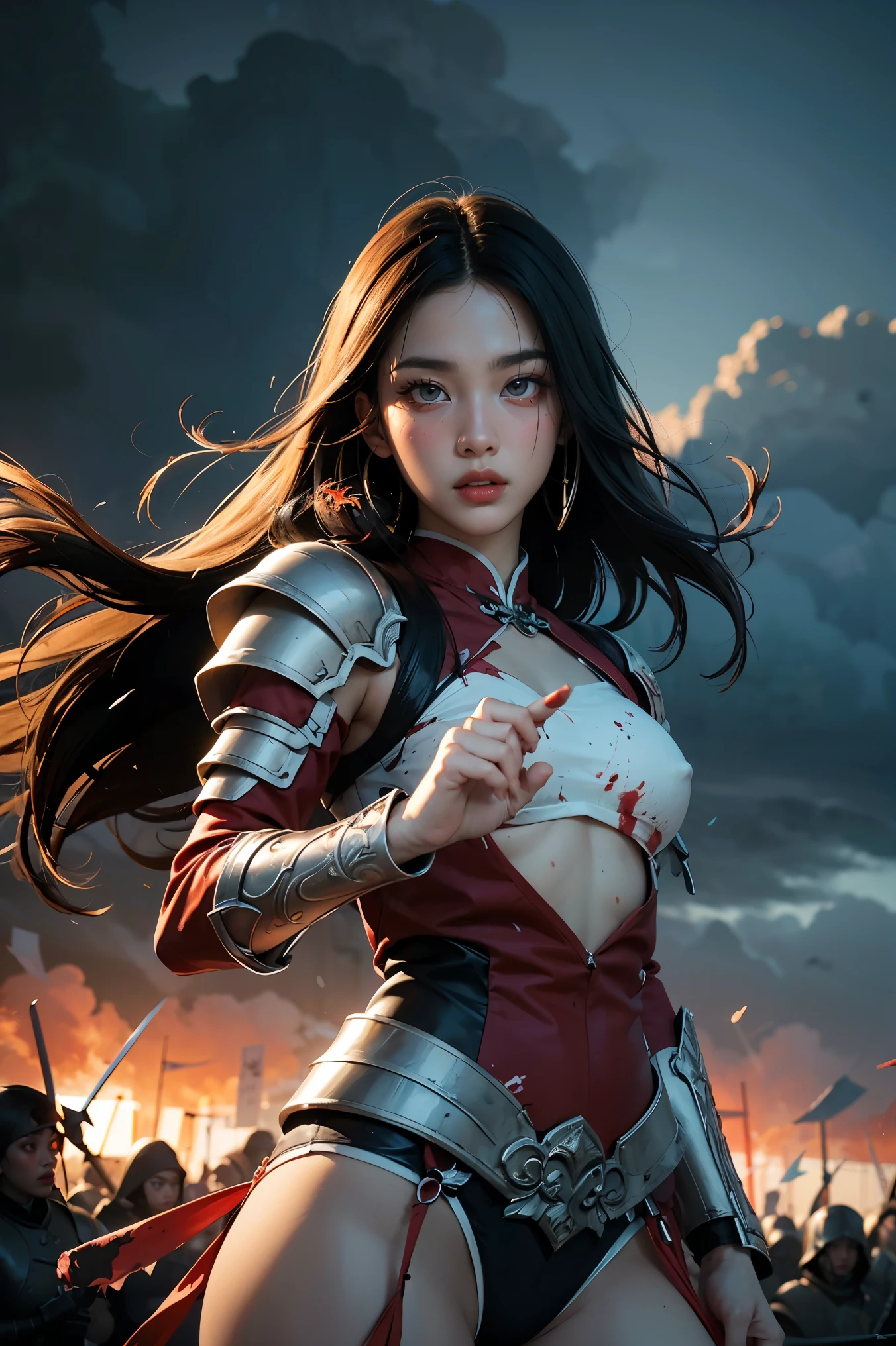 "Show Diana from League of Legends by Riot Games in her Blood Moon skin, featuring her dark, demonic armor with red and black accents, no having clothes,having massive k-cups:1.55. She's surrounded by a blood-red moonlit landscape with shadows and eerie lights, in an attractive pose with a sinister, menacing gaze."

