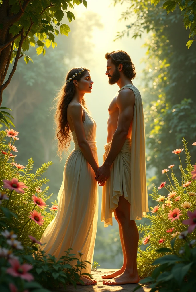Create an image of Eve offering the fruit to Adam