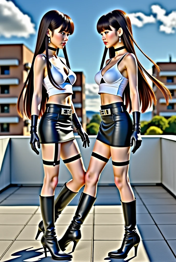 Two women in pantyhose and leather jackets posing for a photo, Ayami Kojima e Lyde Caldwell, Alena Aenami e Lilia Alvarado, duas lindas garotas de anime, cosplay completo, Tifa Lockhart, Tifa, Bela Sci - Fi-twins, garotas de anime, Sakimichan e Frank Franzzeta, Menina anime na vida real, Tifa lockheart nsfw