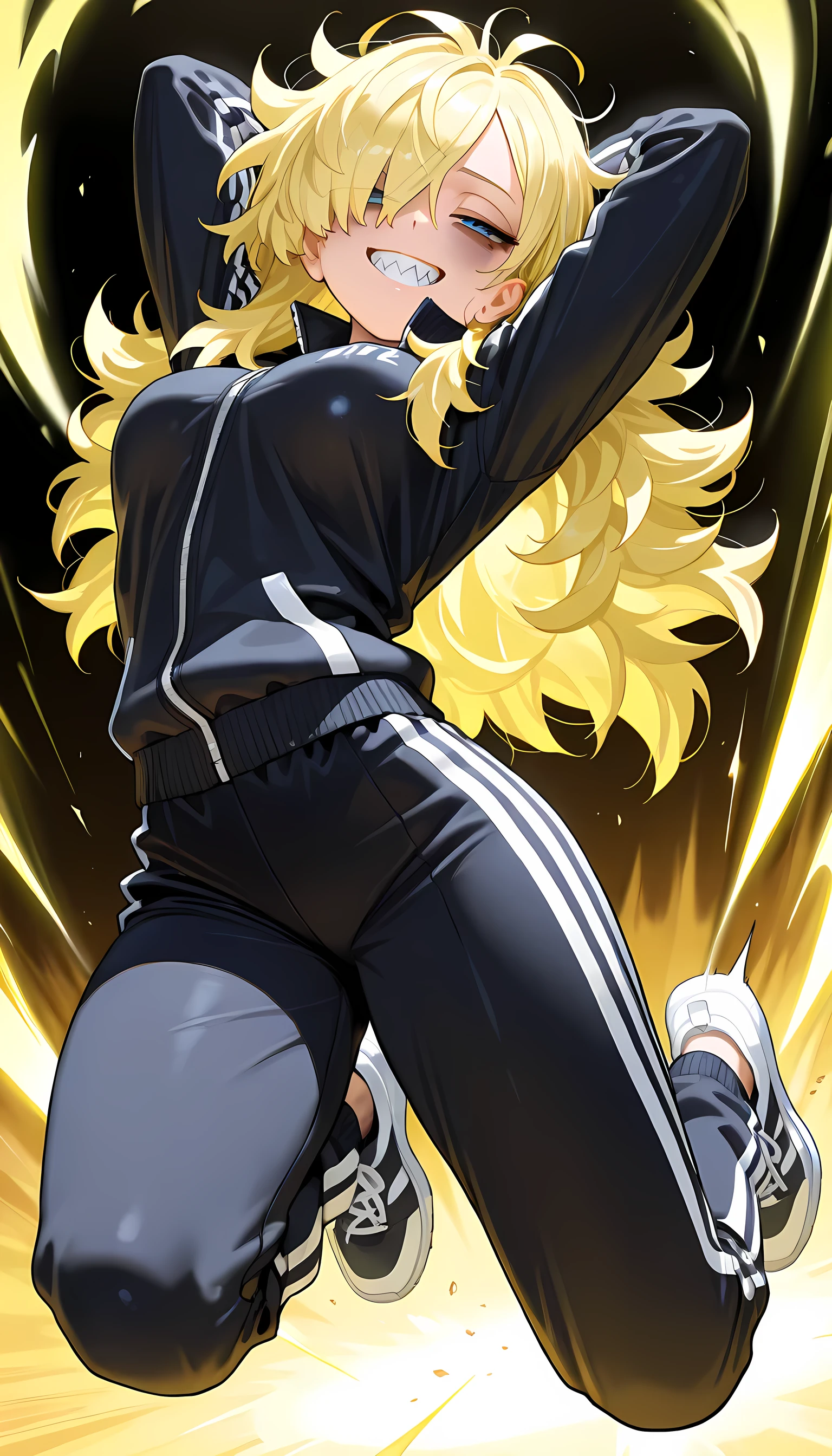 (masterpiece, best quality, amazing quality, very aesthetic, absurdres, newest:1), masterpiece,best quality,amazing quality, 1girl,solo,solo girl,long hair,((messy hair)), hair over one eye, bags under eyes , jitome ,half closed eyes,grin ,sharp teeth,medium breasts,(black tracksuit),(super saiyan:0.3),super saiyan aura , full body,dynamic angle,dynamic pose, acrobatic pose