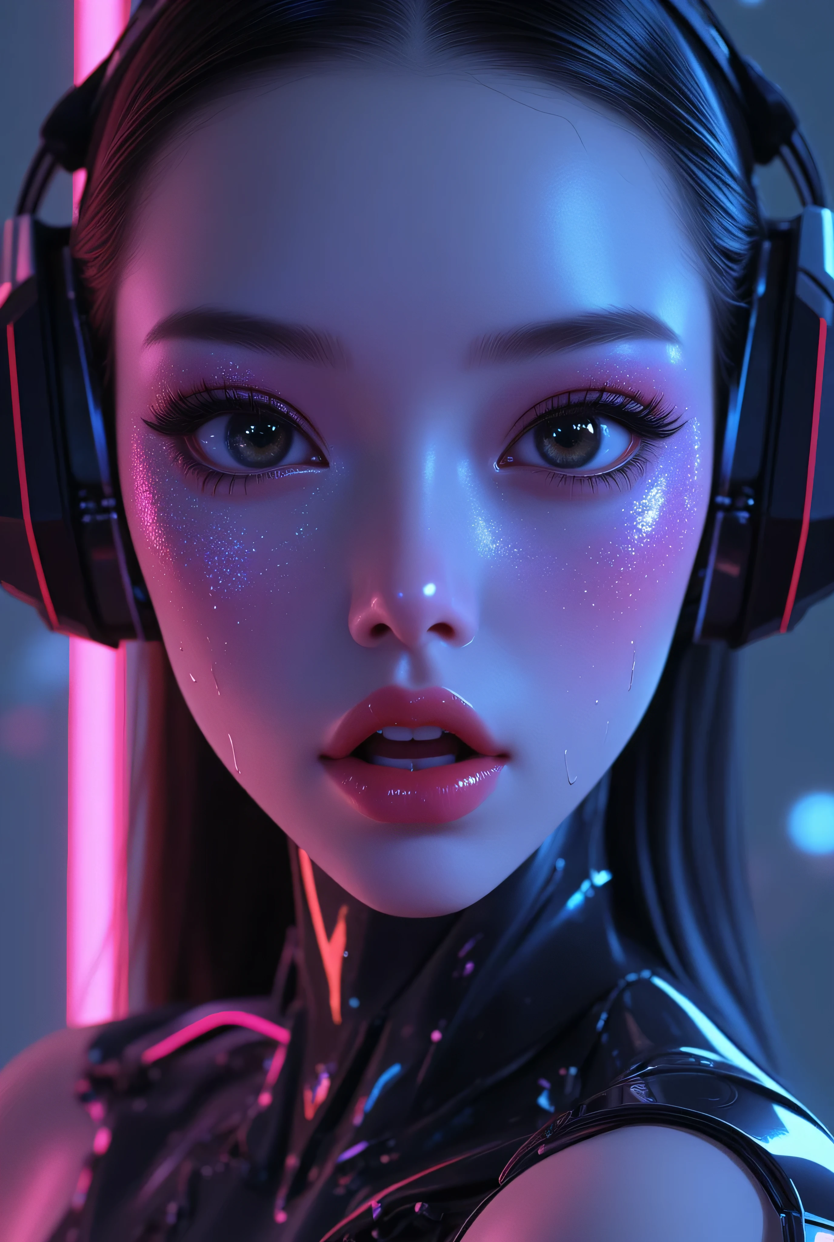 80’s glam rock makeup on shiny android face, anime, 2.5D, Glittery face, moody lighting, (purples, pinks, and blues), iridescent face, abstract ai model, pretty, sexy, minimal, sleek, slender, asian, elegant, chic, futuristic, retro, sophisticated half human half machine, close up face portrait, mouth open half, ((((ahegao)))),, half-closed eyes,
