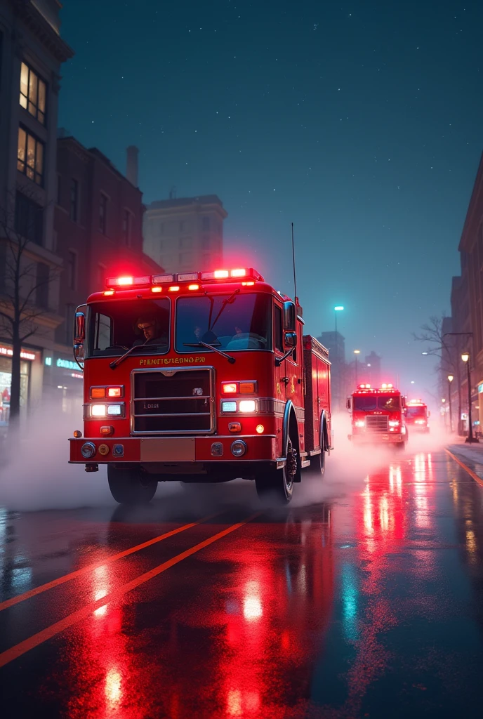 1girl, firefighter, firefighter truck, fire engine, fire ladder truck, police car, ambulance, fire, burning building, dramatic smoke, chaos, emergency services, intense action, cinematic lighting, moody atmosphere, vibrant colors, hyper-detailed, photorealistic, 8k, HDR, physically-based rendering, masterpiece