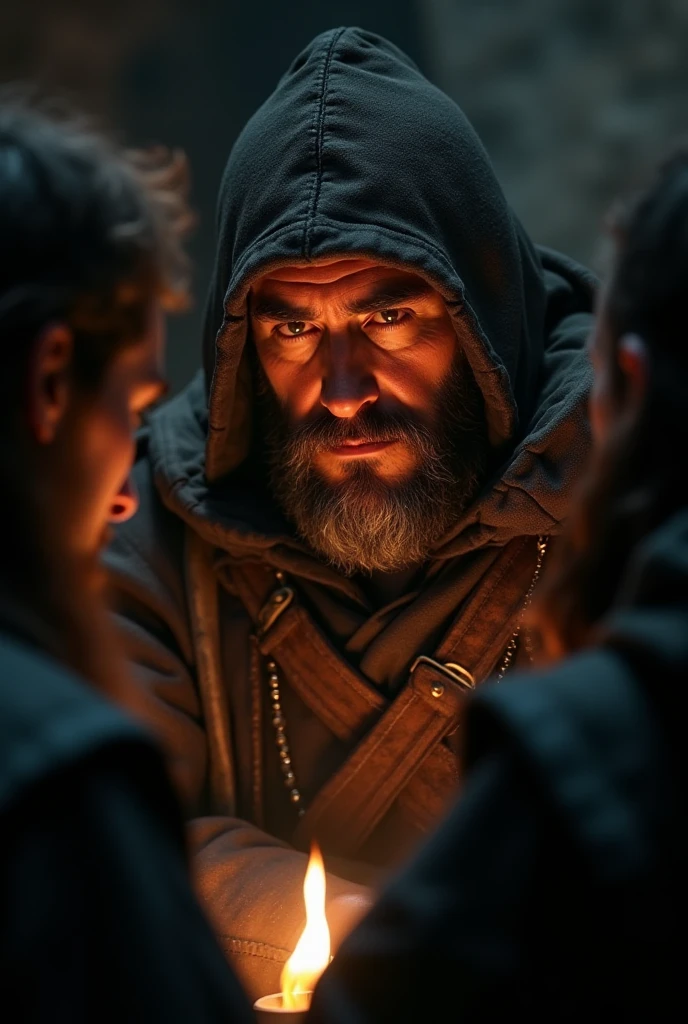 Man tied to a chair inside a cabin with a fireplace on, with another hooded man behind him speaking in his ear
