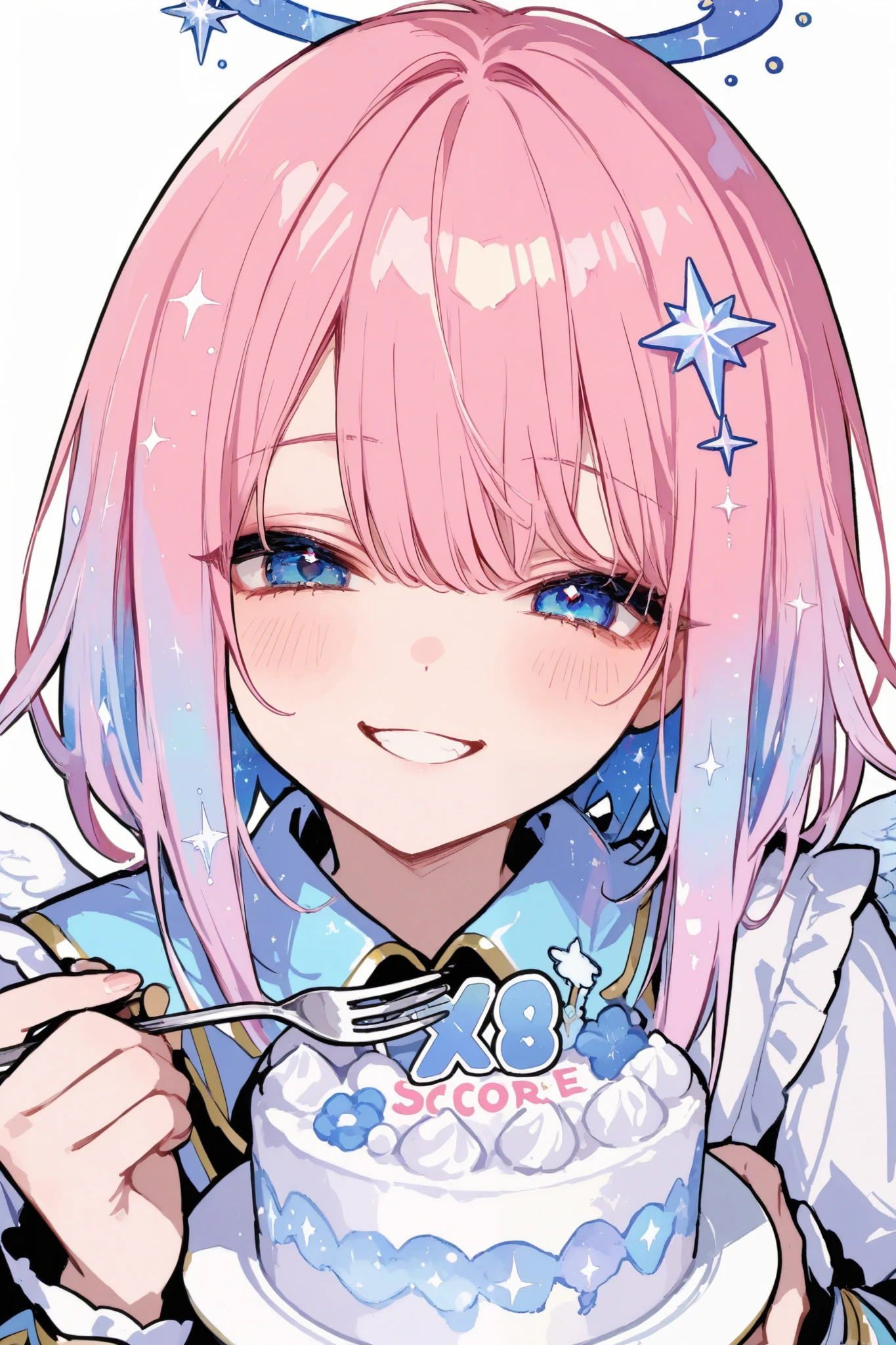 General,xxx667_illu,748cmstyle,trk,pop art, pop Art,Etching,best quality,highly detailed,chibi style,1girl,long pink hair,white and blue angelic outfit,small wings,holding cake and fork,smiling happily,celestial hair ornament,white background,playful mood,simple and cute design,bright and cheerful atmosphere