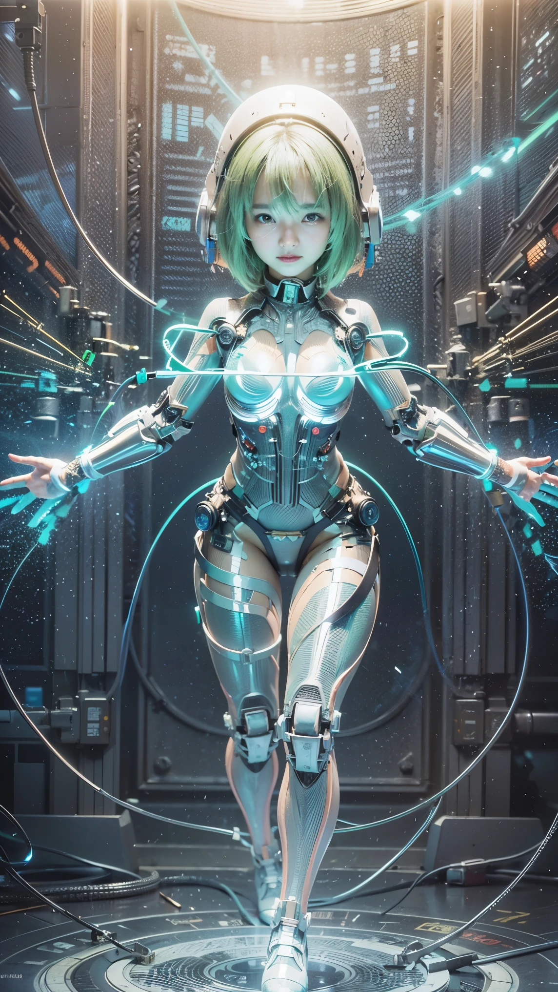 (Completely live action:1.37), (Amazingly realistic textures:1.37), (masterpiece, best quality:1.2), (8k uhd, 16k, 32k, ultra high res), amazingly realistic skin, amazingly realistic photo, superrealism, (photorealistic:1.37), (RAW photo), ultimately realistic, (ultimately realistic all details), (ultimately realistic all textures), super realistic lighting, super realistic shadow, (japanese girl:1.5), ((young face)), smiling, happy, super realistic face, ultimately realistic skin, ultimately realistic eyes, (amazing droopy eye makeup:1.35), extremery realistic background, ultimately realistic detail up, kkw-ph1, ((extremery intricate details, incect suit, green hair))