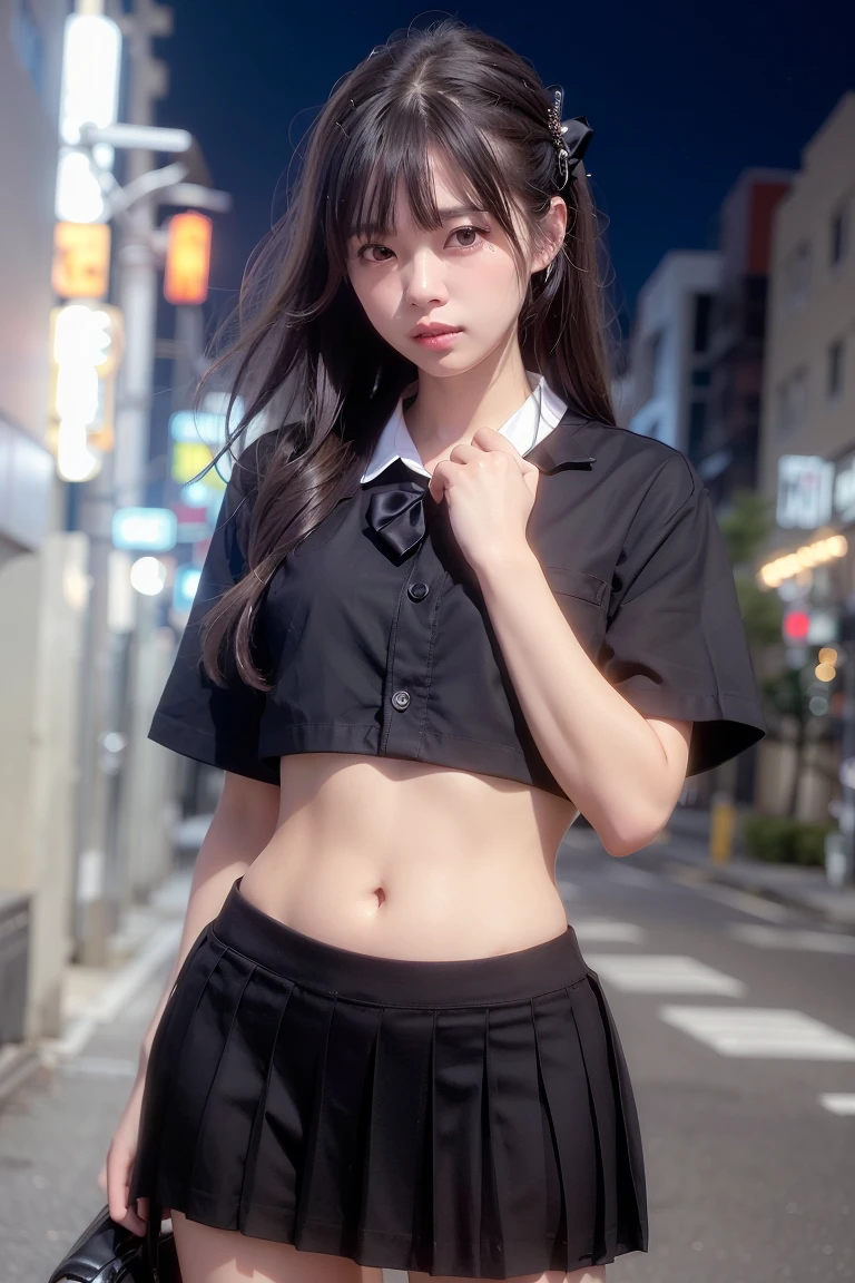 high angle shot、center view、A woman standing on a neon street at midnight、Phenomenally cute 、japanese girl uniform、summer clothes、Microminiskirt、urreal 、loafers、She wears black tights that show a little bit of skin.、black tights、Japanese high school 、Nogizaka Idol、Plump thighs、Full body Esbian、garter belt、garter ring、leg garter
