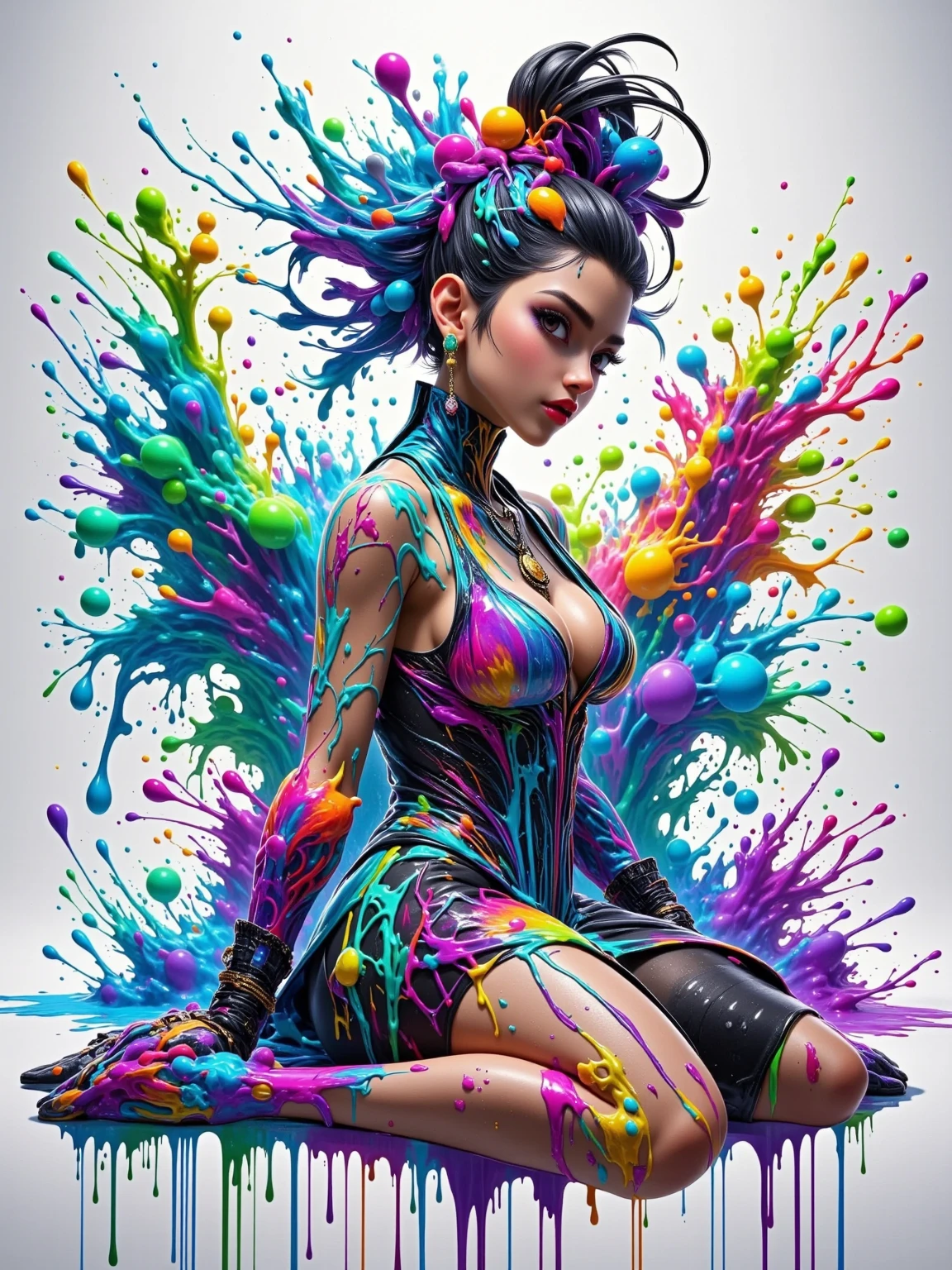 a beautifulgirl , big breasts, arms behind back, closed eyes ,portrait , style-paintmagic , (((splash of paint))) , colorful , ((((floating colorful paint)))