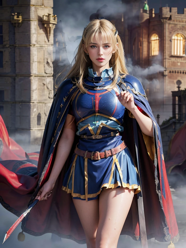 paladin lady in ornate golden armor, black collar, pauldrons, breastplate, corset, glowing halo, single braid, blonde, yellow glowing eyes, bright pupils, eye focus, red cape, temple indoors, stained glass windows, night, moonlight, particles, light beam, chromatic aberration, (full body, whole body. 1solo (girl). slave fighter, loincloth standing, hands on hips full body, whole body. 1solo (girl). slave fighter, loincloth standing, hands on hips, metal sandals, choker, big belt, view from below, feet together, bracers, tiara)
