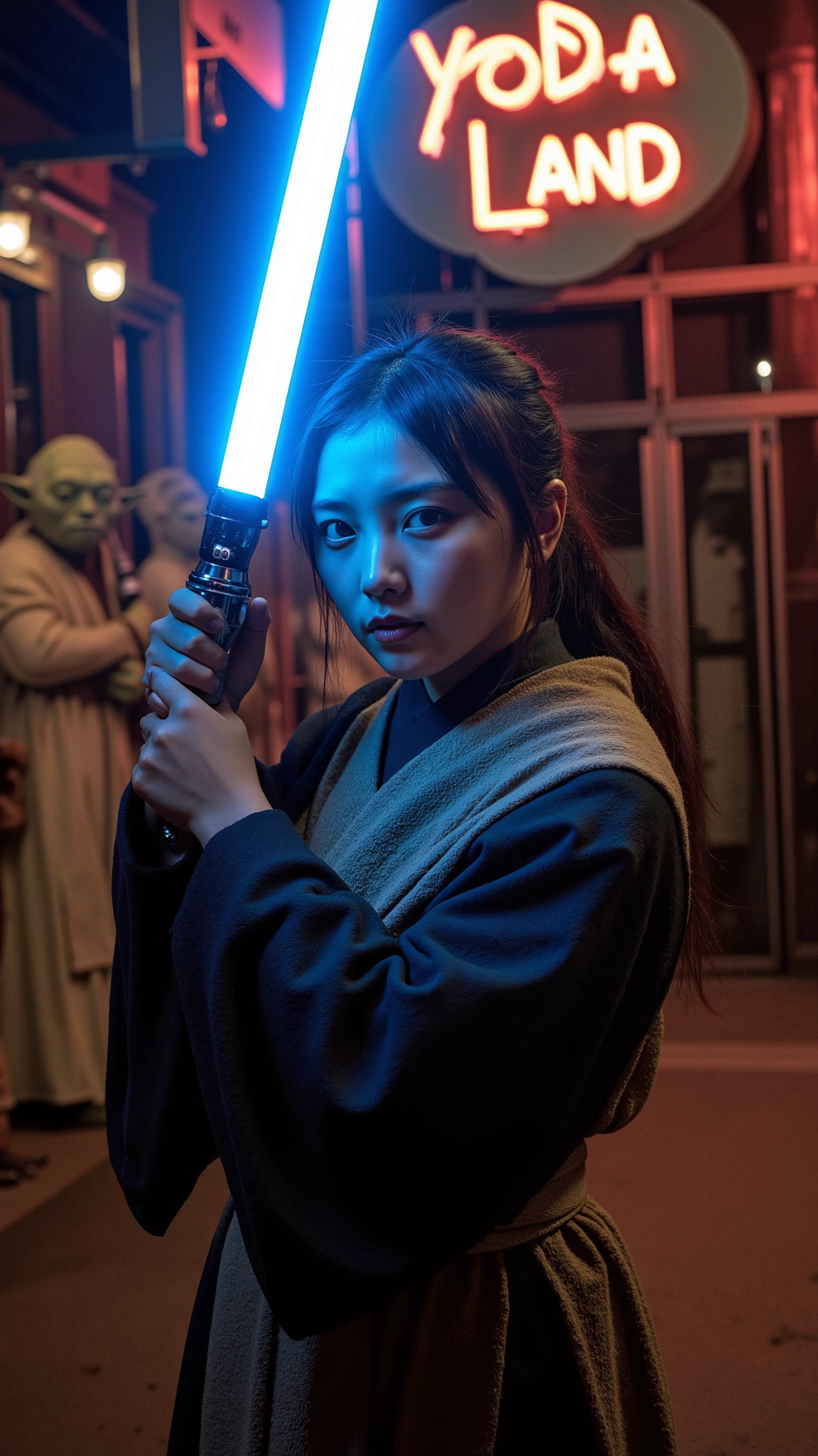 A high resolution photograph of a Japanese young woman in jedioutfit standing with blue light saber (near to Master Yoda from Star Wars saga:1.2), face focus, close-up, photo-realistic, realistic, masterpiece, best quality, cinematic lighting, Intricate details, outdoors, alley, outside bar with "YODA Land" neon sign, at night,